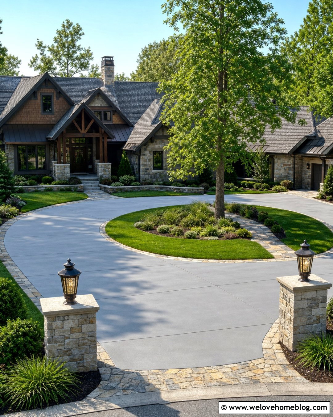 Half Circle Driveway With Stone Entrance Pillars - 20 Front Yard Half Circle Driveway Ideas