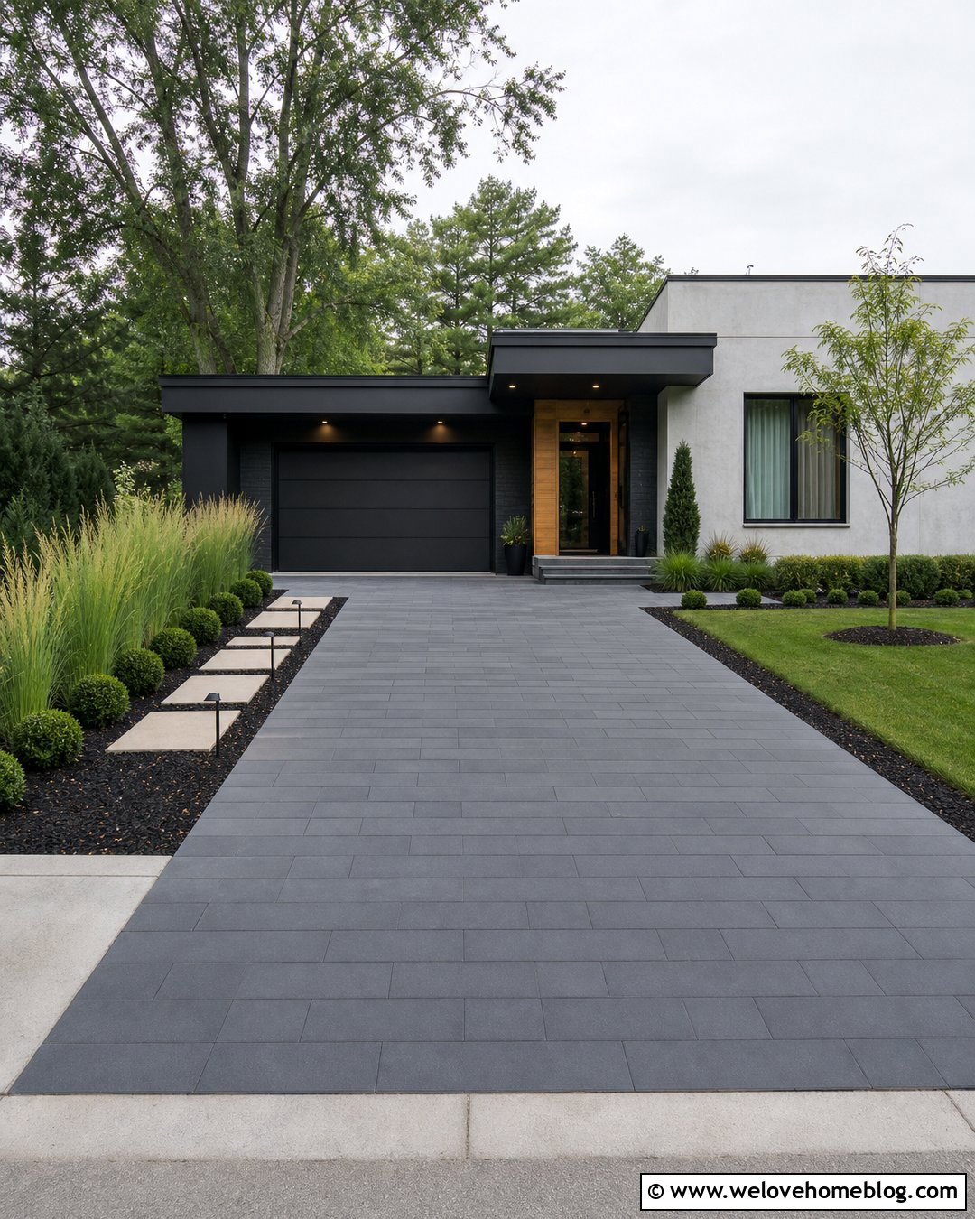 Half Driveway Front Yard With Modern Concrete Pavers - 20 Half Driveway Front Yards Ideas