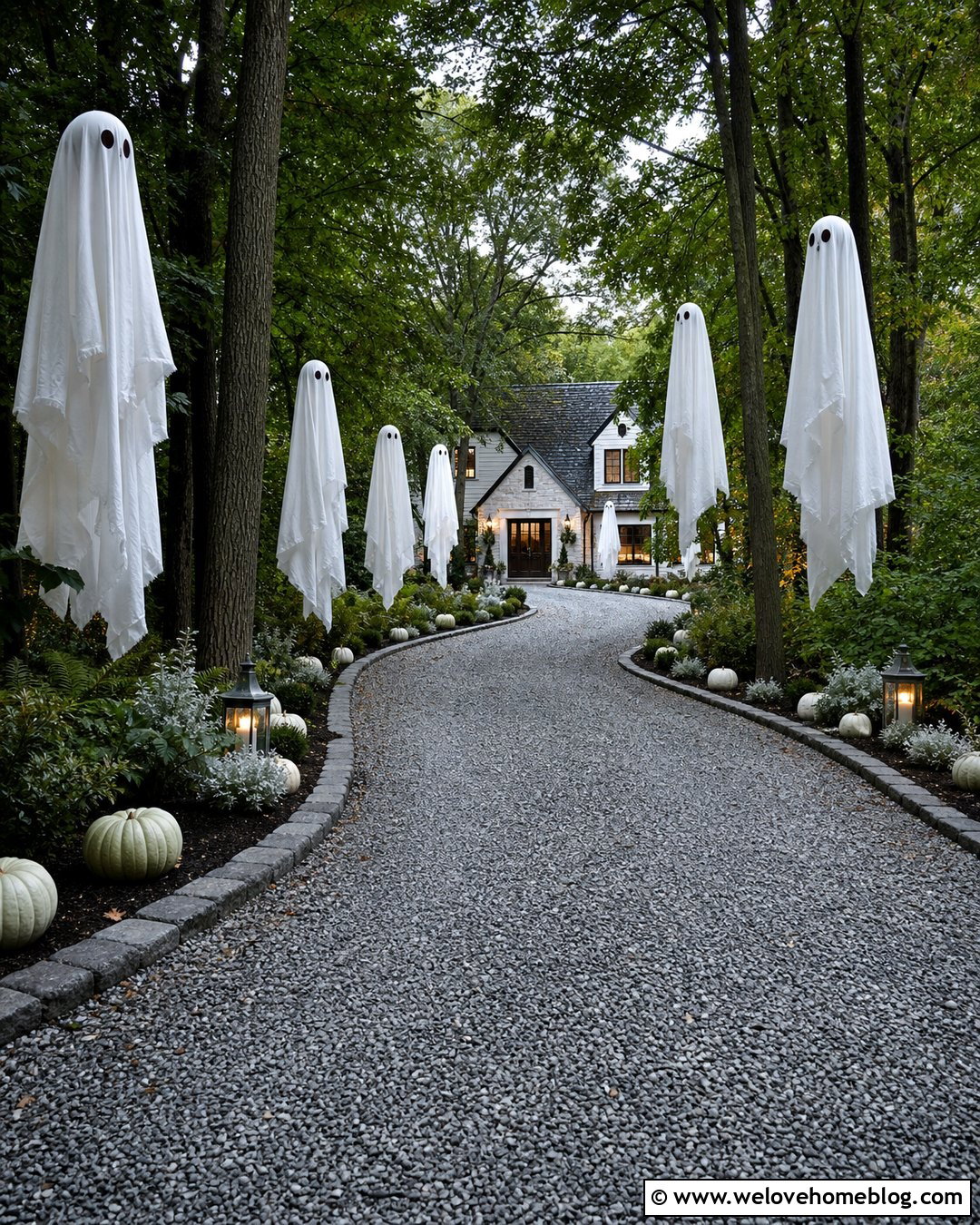 Halloween Driveway With Floating Ghosts - 35 Halloween Driveway Ideas
