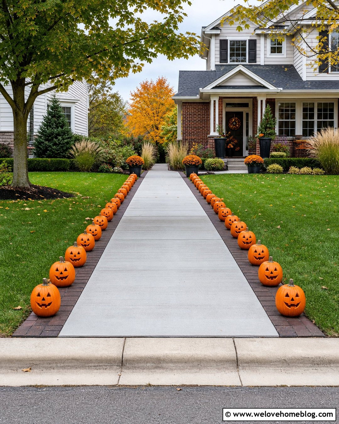Halloween Driveway With Pumpkin Borders - 35 Halloween Driveway Ideas