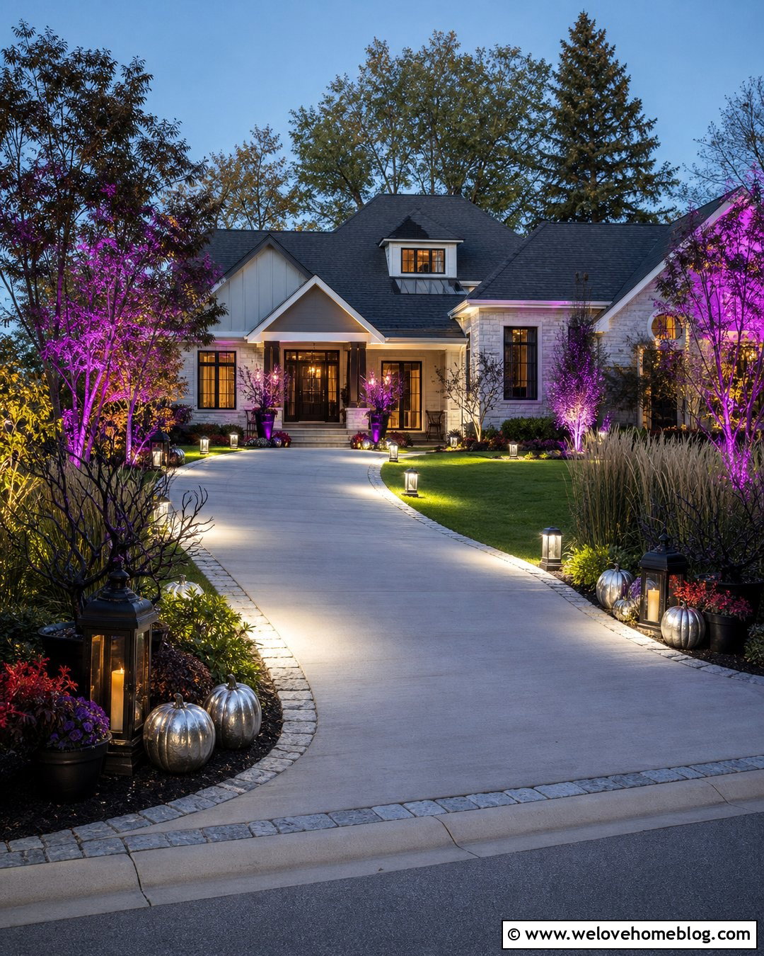 Halloween Driveway With Purple Lighting - 35 Halloween Driveway Ideas