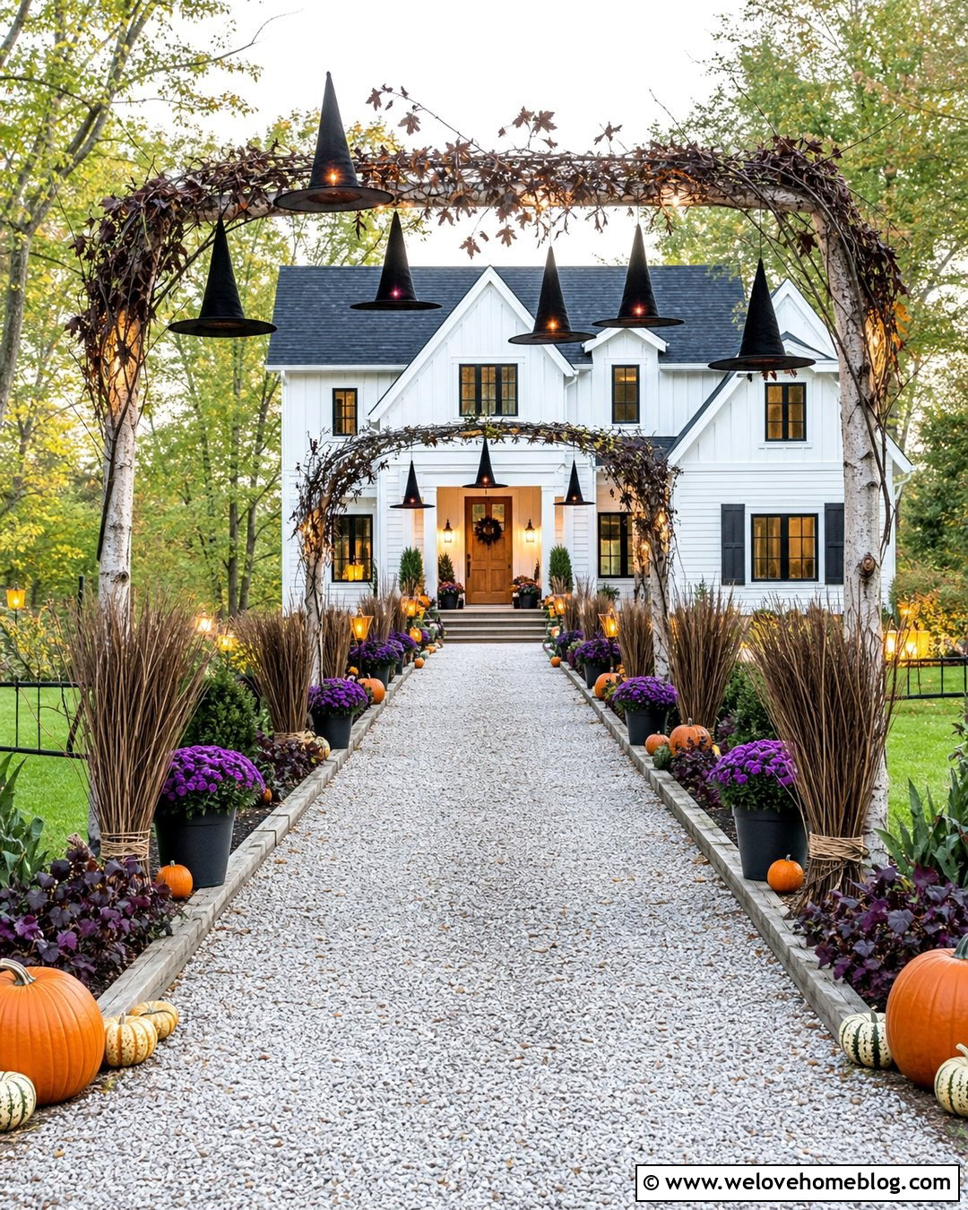 Halloween Driveway With Witch Hat Lights - 35 Halloween Driveway Ideas