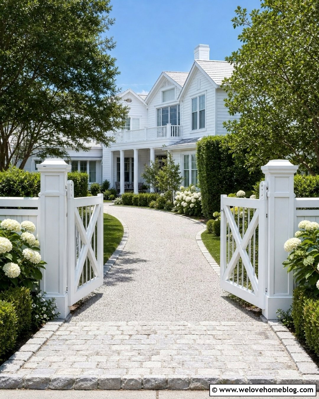 Hamptons Driveway With White Entrance Gates - 25 hamptons driveway ideas