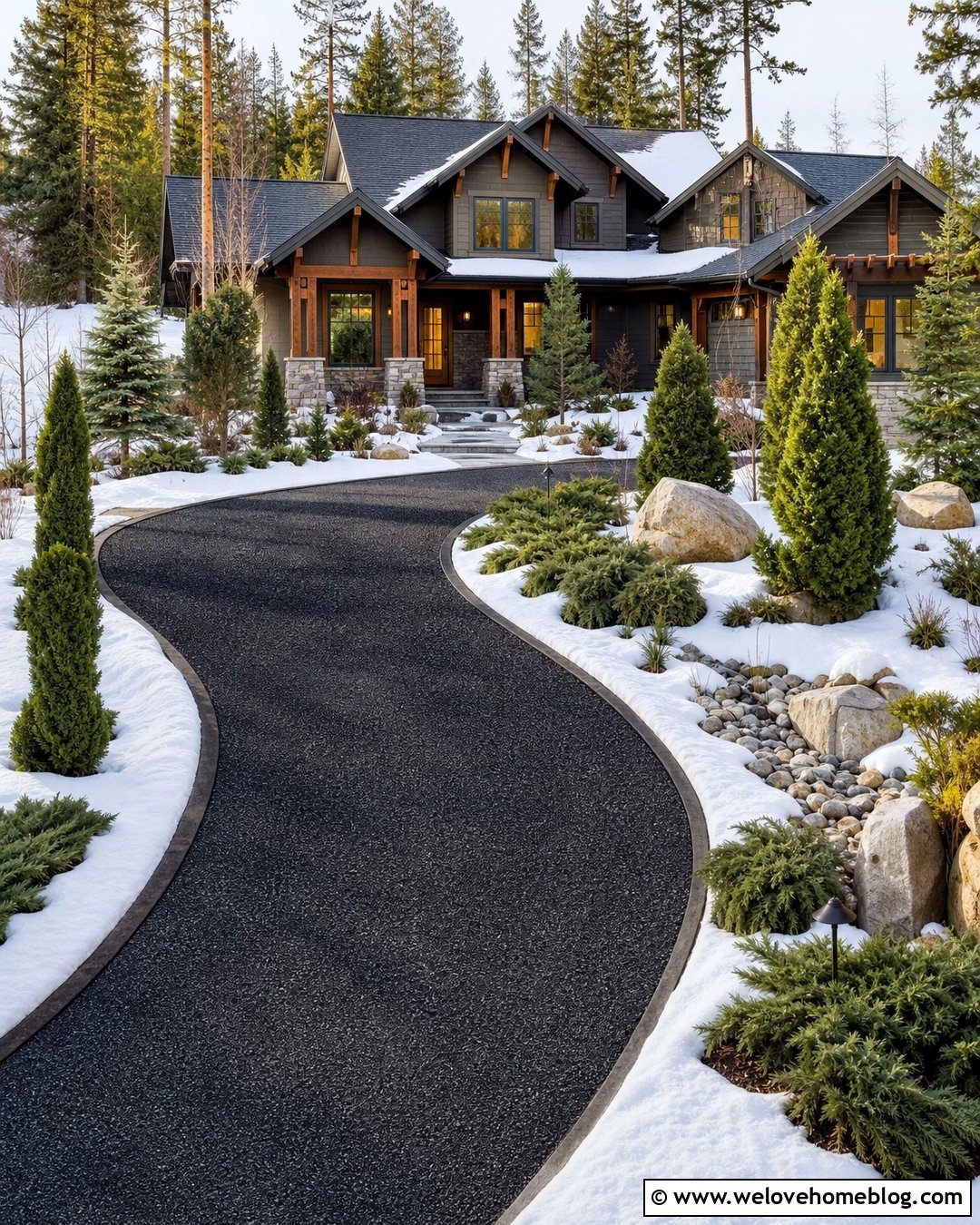 Heated Curved Gravel Driveway With Evergreen Landscaping - 20 Heated Gravel Driveway Ideas