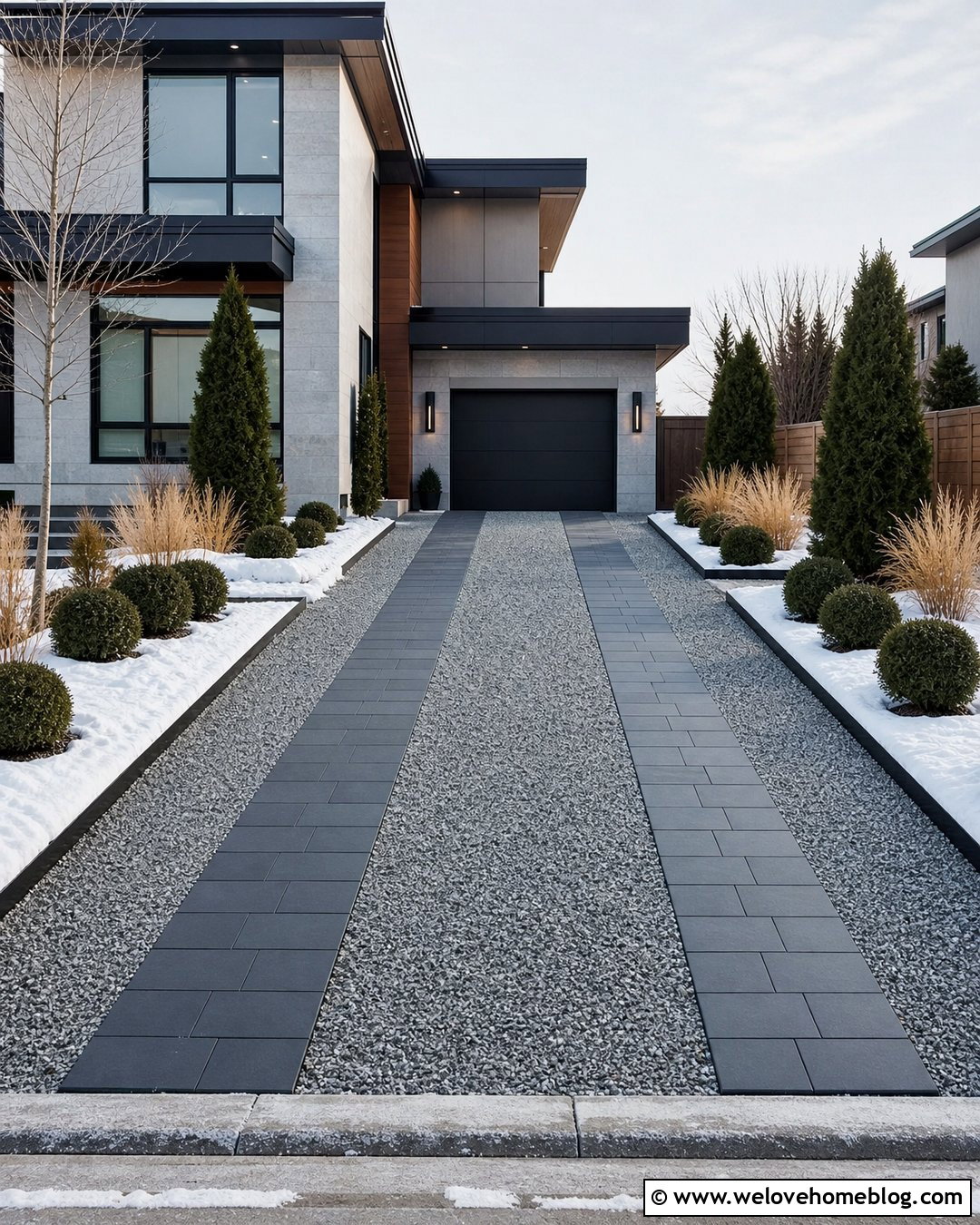 Heated Gray Gravel Driveway With Paver Ribbons - 20 Heated Gravel Driveway Ideas
