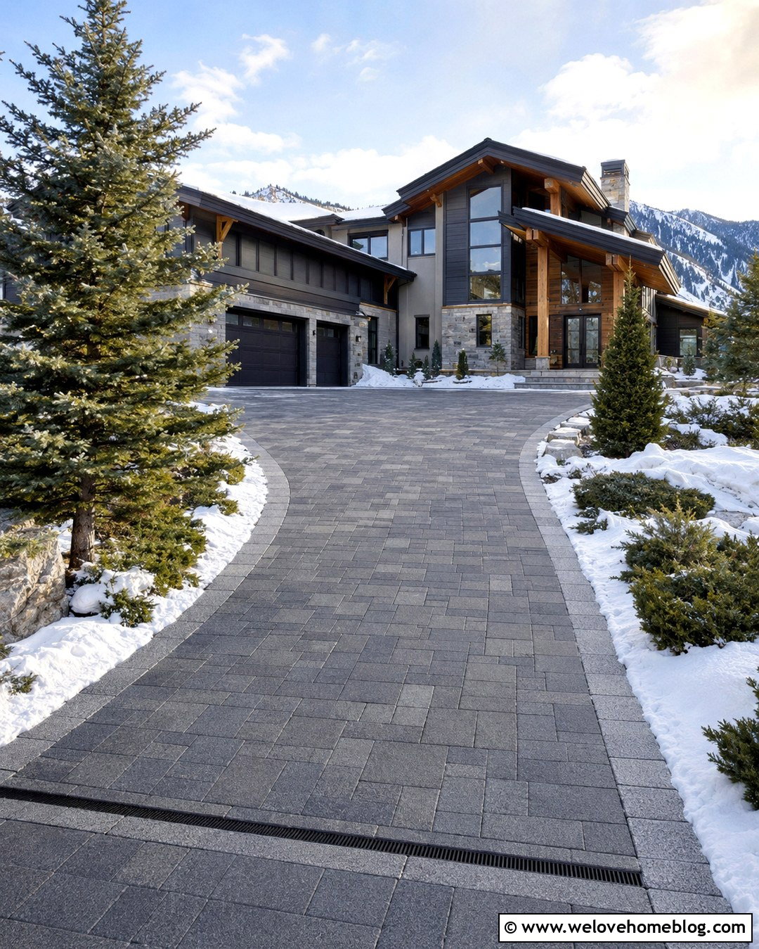 Heated Paver Driveway With Evergreen Borders - 20 American Driveway Ideas