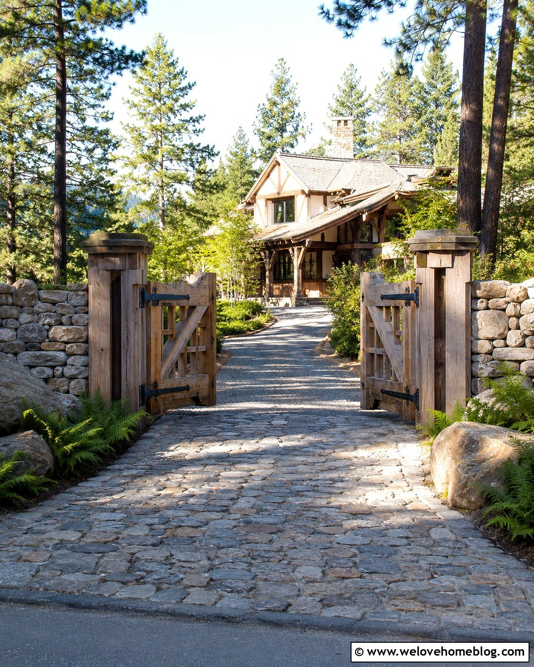 Heavy Timber Farm Gate With Stone Driveway - 20 Wood Gates Driveway Farm Entrance Ideas