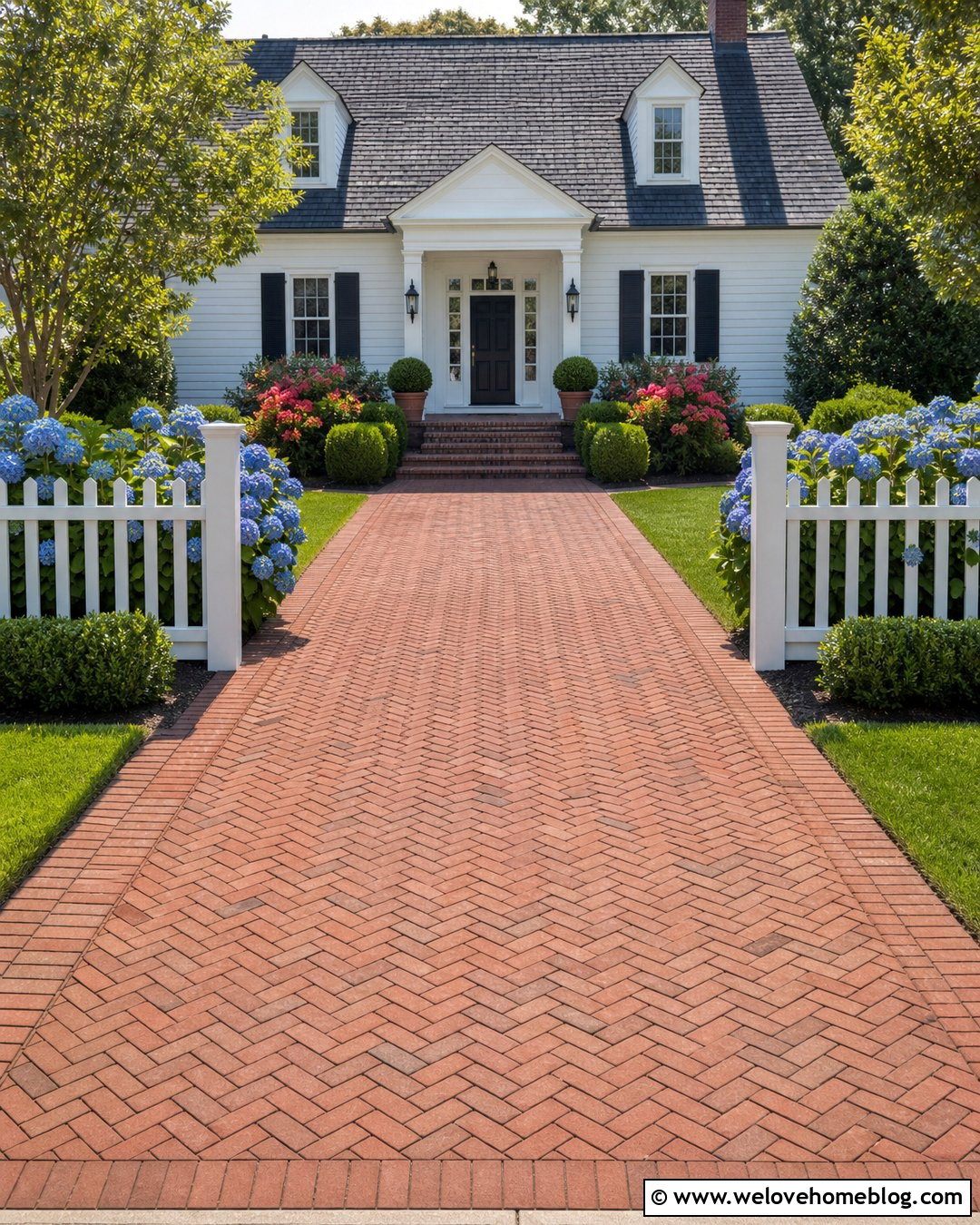 Herringbone Brick Driveway Entrance With White Fence - 25 Entrance Driveway Ideas