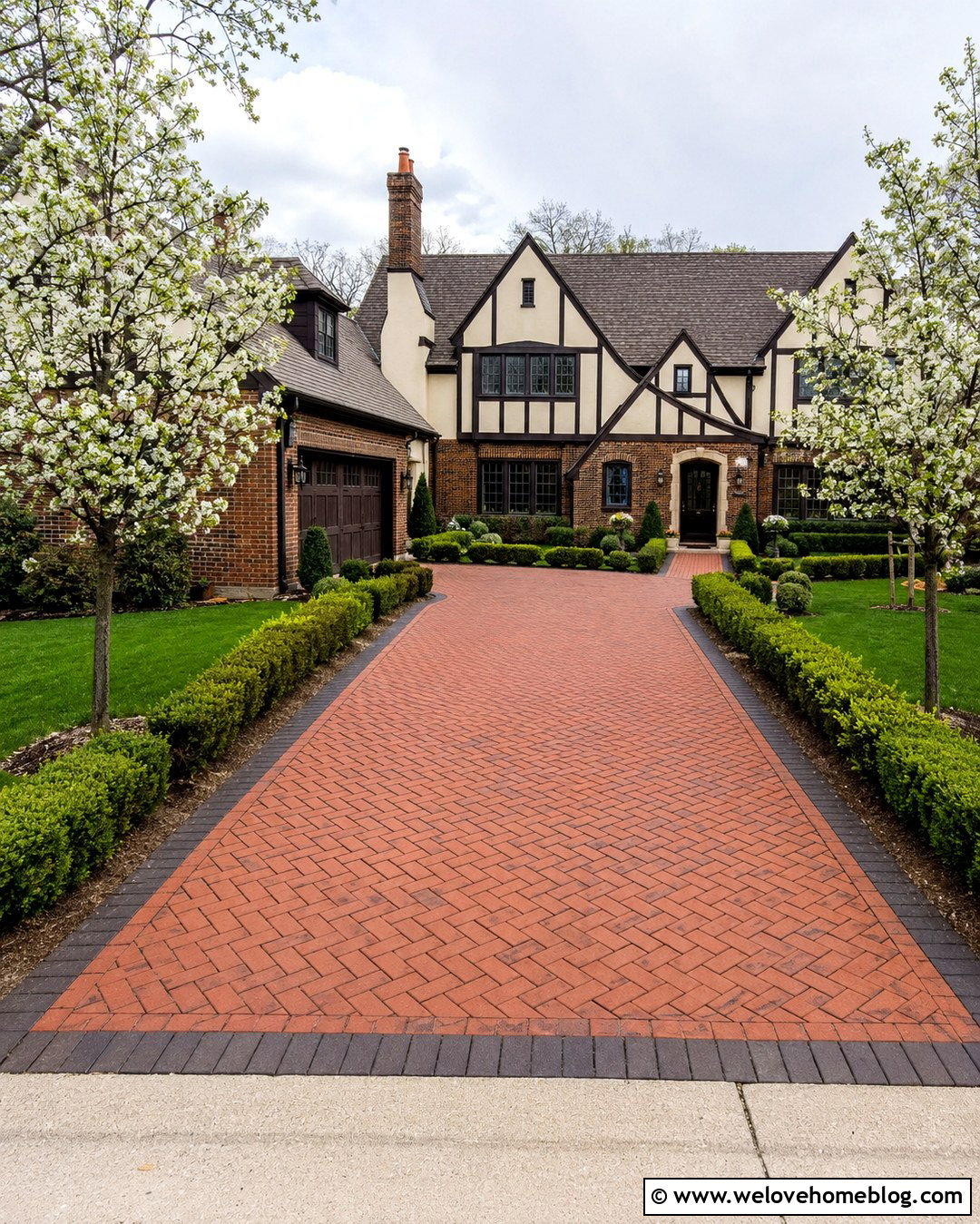 Herringbone Brick Driveway With Boxwood Borders - 20 Nice Driveway Ideas