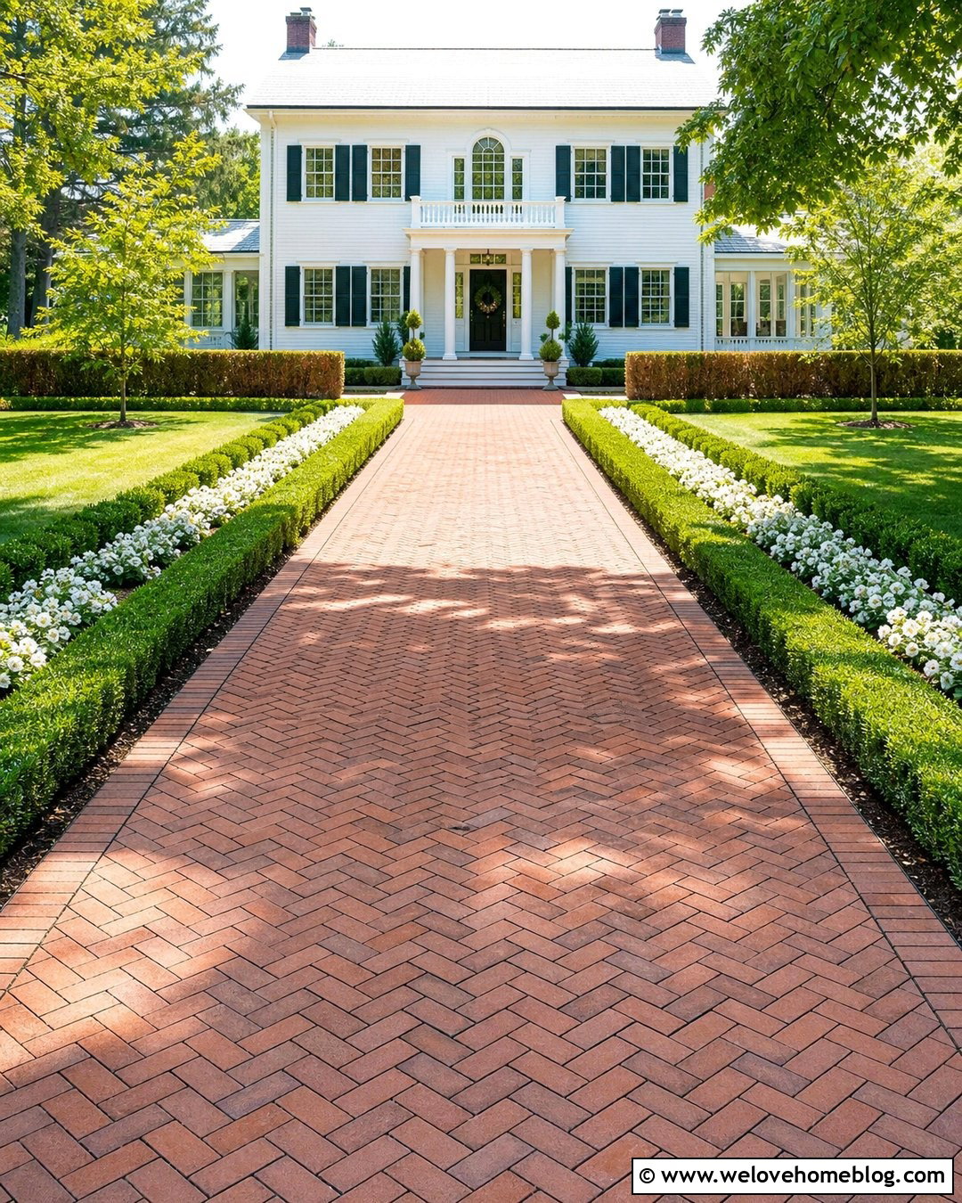 Herringbone Brick Driveway With Boxwood Borders - 25 Front House Driveway Ideas