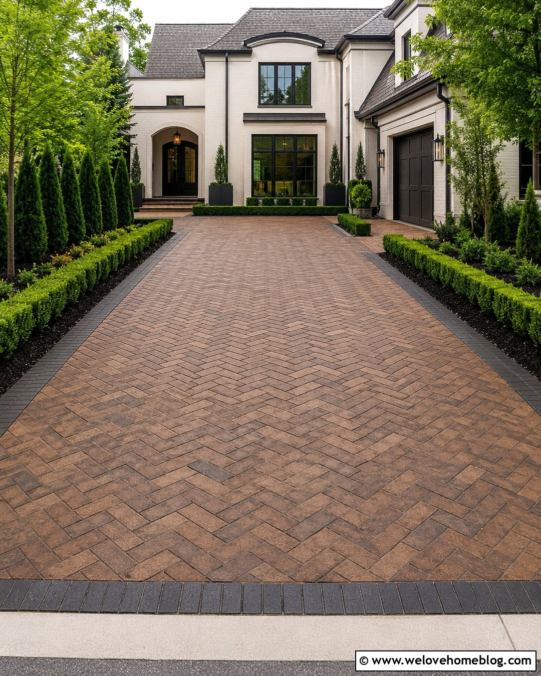 Herringbone Brick Driveway With Boxwood Borders - 20 Modern Brick Driveway With Landscaping Ideas