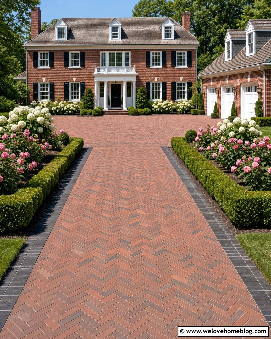 Herringbone Brick Driveway With Boxwood Hedges - 25 Pretty Driveways Ideas