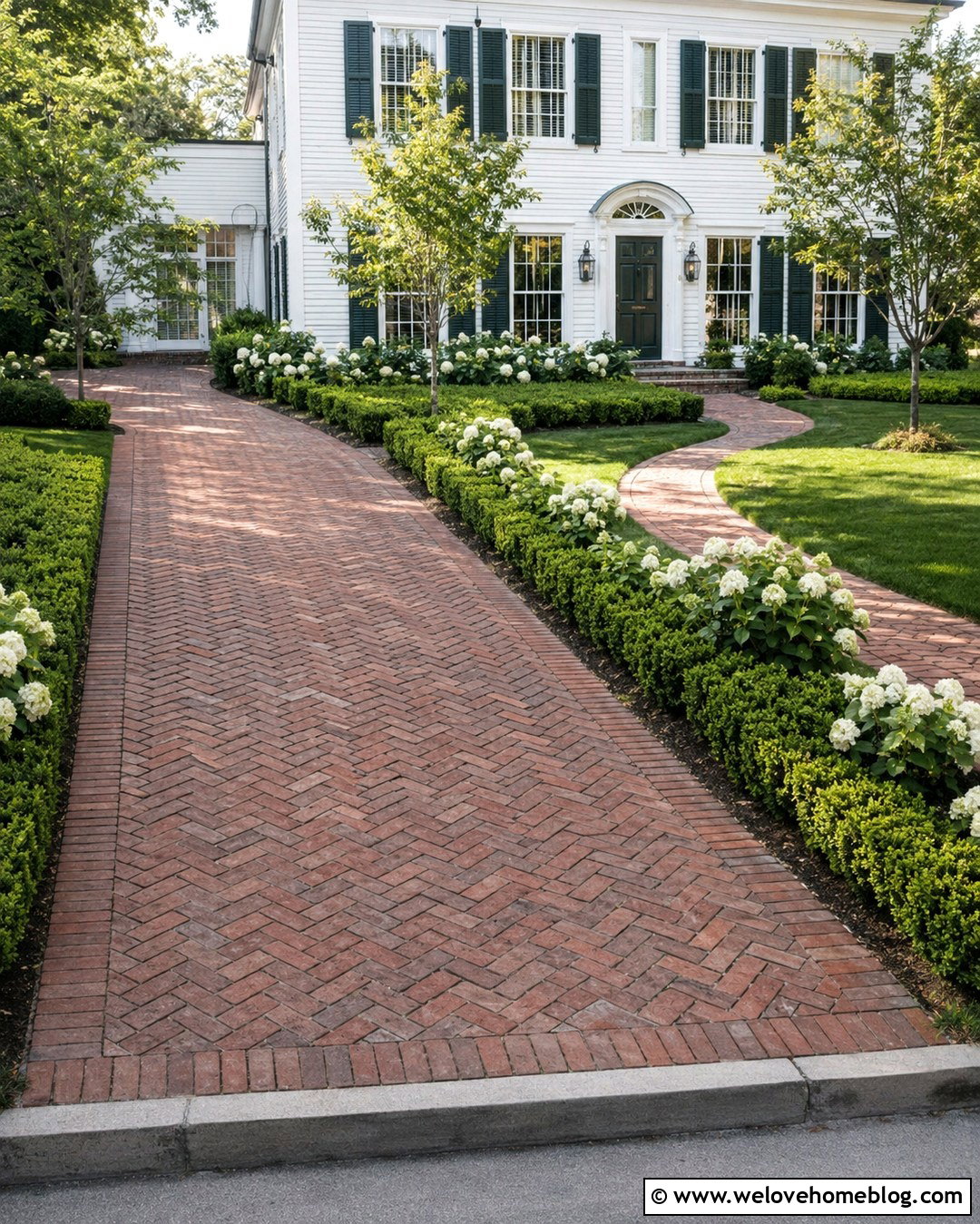 Herringbone Brick Driveway With Boxwood Landscaping - 20 American Driveway Ideas