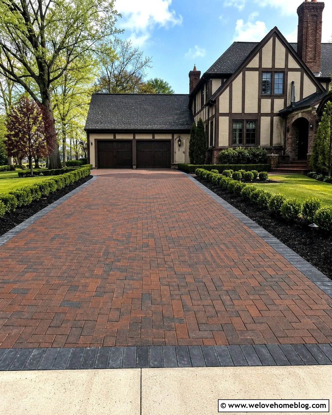 Herringbone Brick Driveway With Evergreen Borders - 20 low maintenance driveway ideas