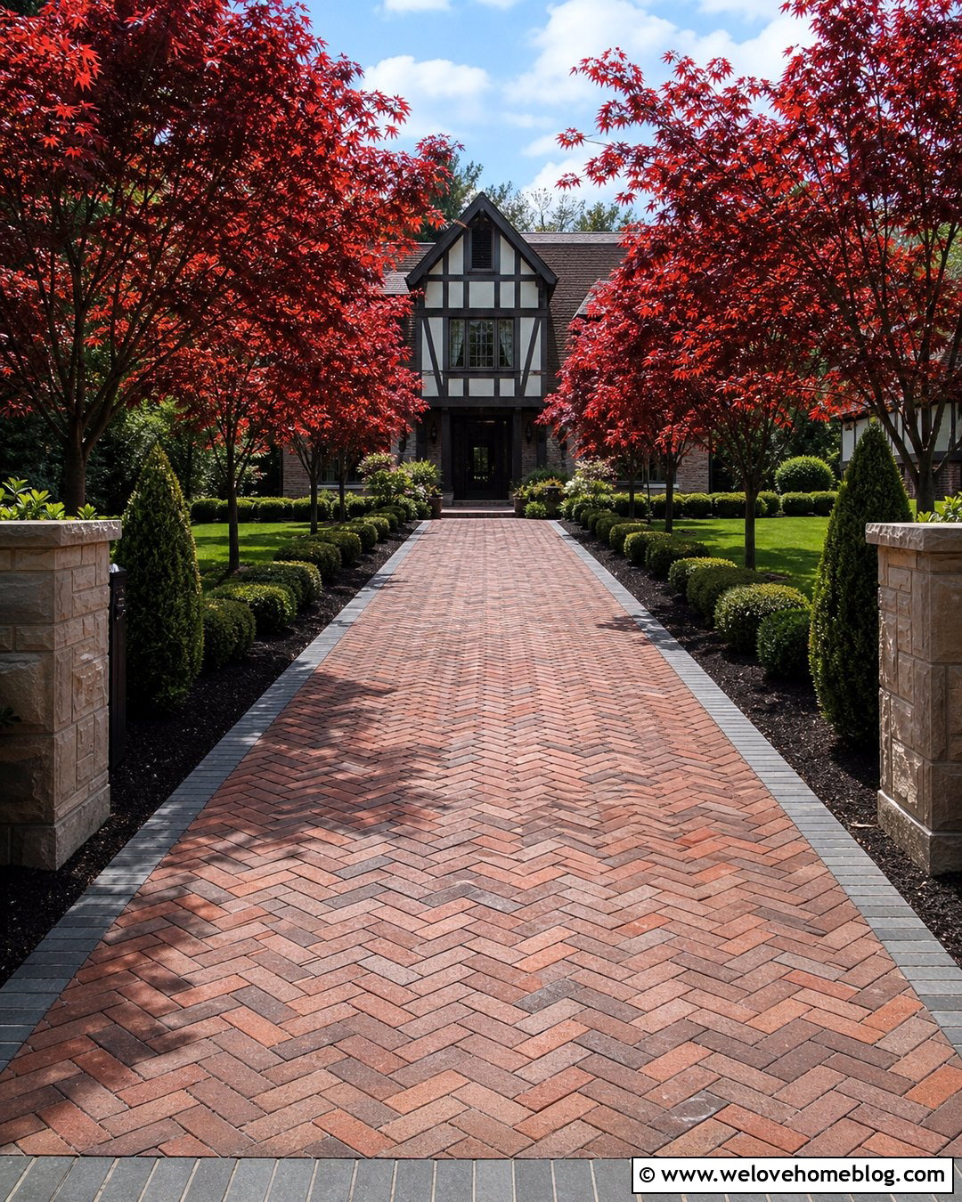 Herringbone Brick Driveway With Red Maple Rows - 20 Red Maple Tree Lined Driveway Ideas