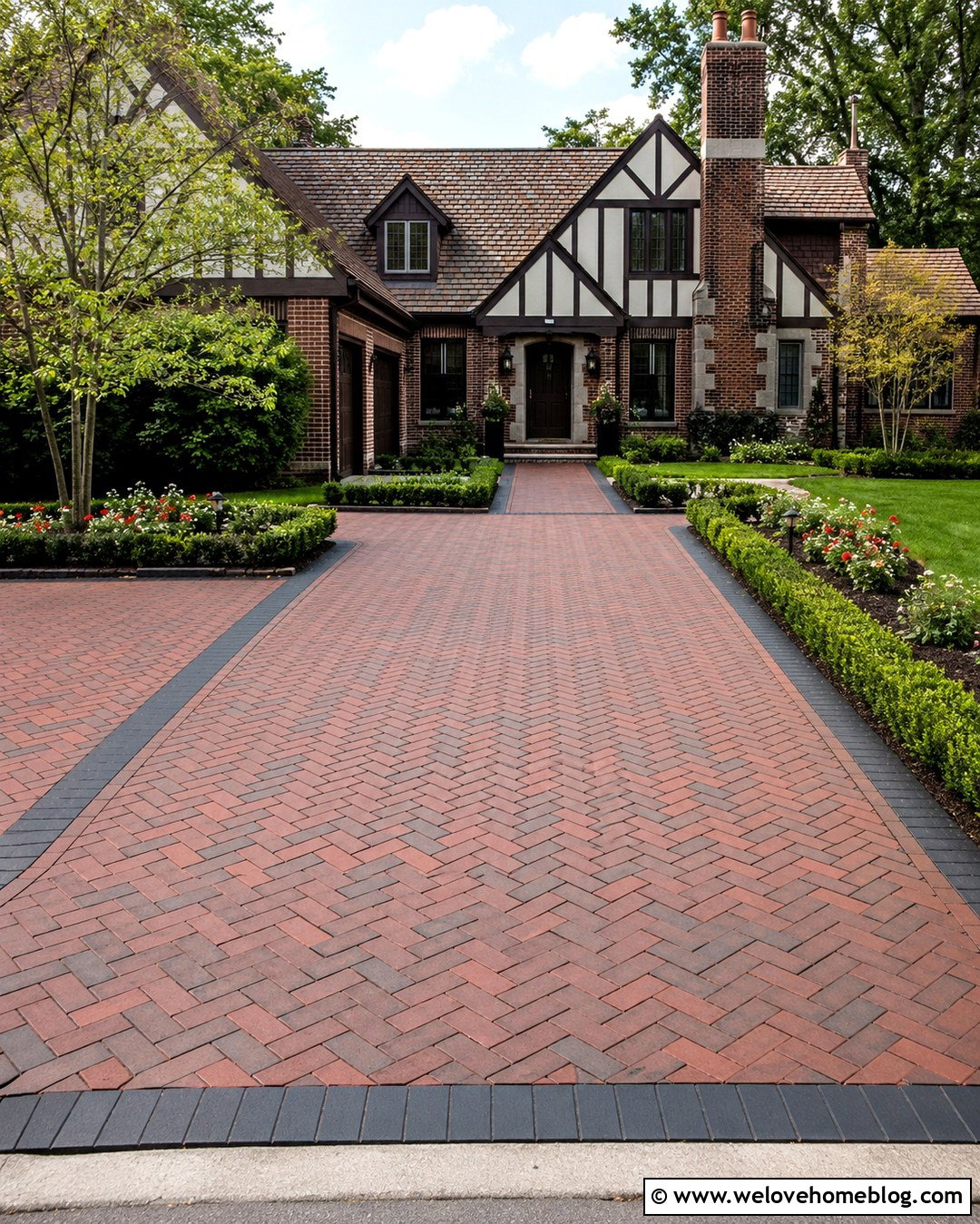 Herringbone Brick Look Tiled Driveway - 20 Tiled Driveway Ideas