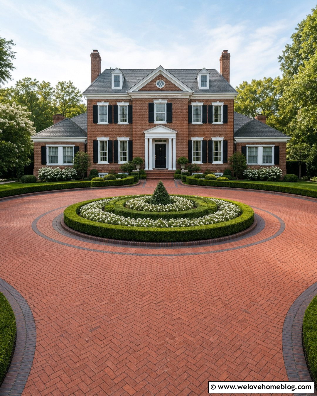 Herringbone Brick Roundabout Driveway With Clipped Hedges - 35 Round About Driveway Landscaping Ideas