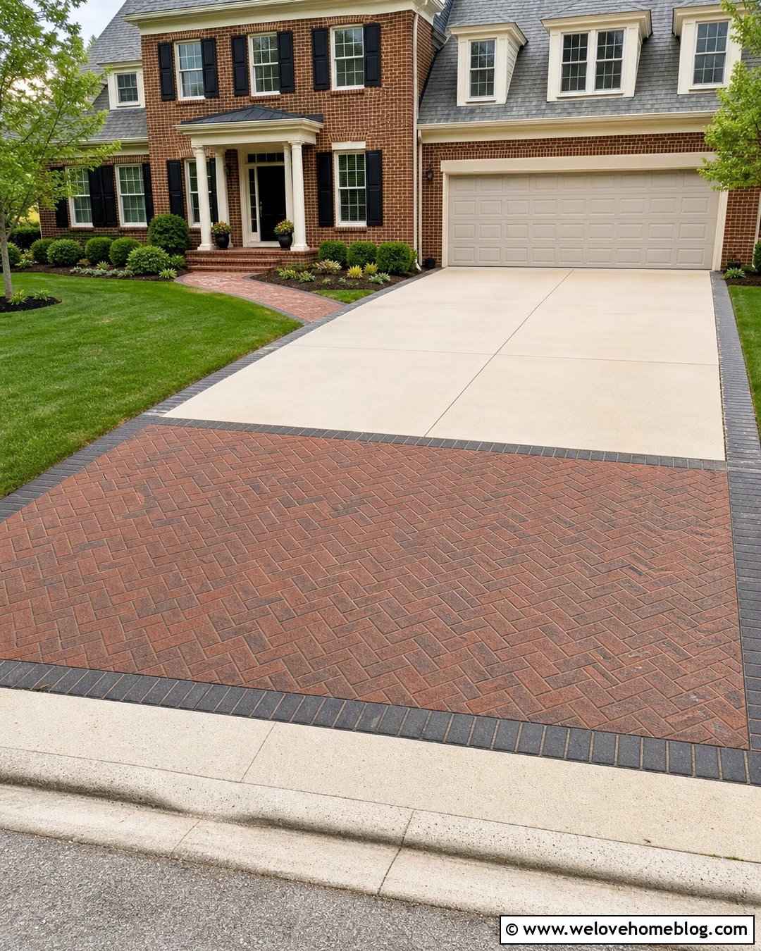 Herringbone Brick Stamped Concrete Driveway Apron - 20 stamped concrete driveway apron ideas