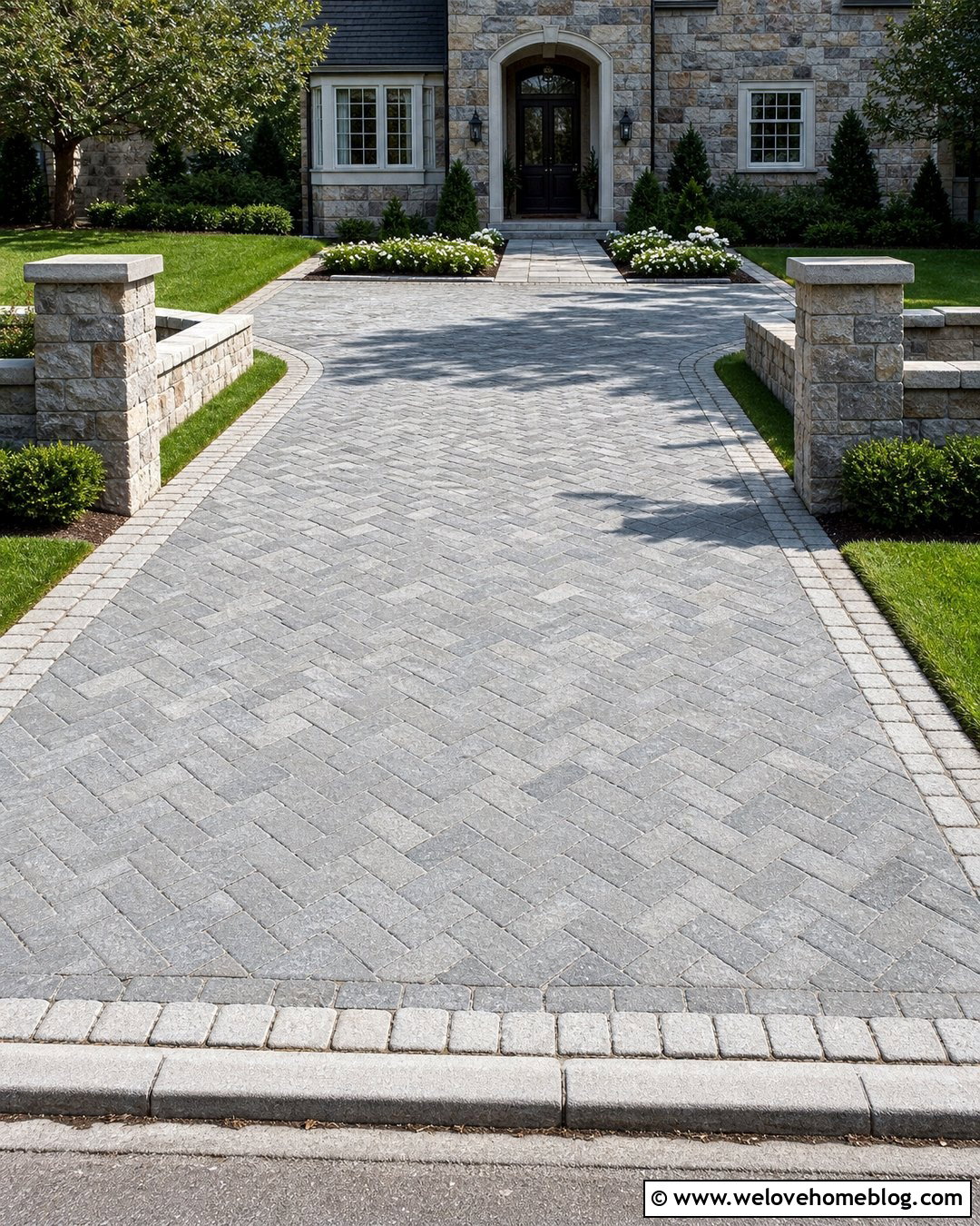 Herringbone Cobblestone Driveway Entrance - 20 Cobblestone Driveway Entrance Ideas