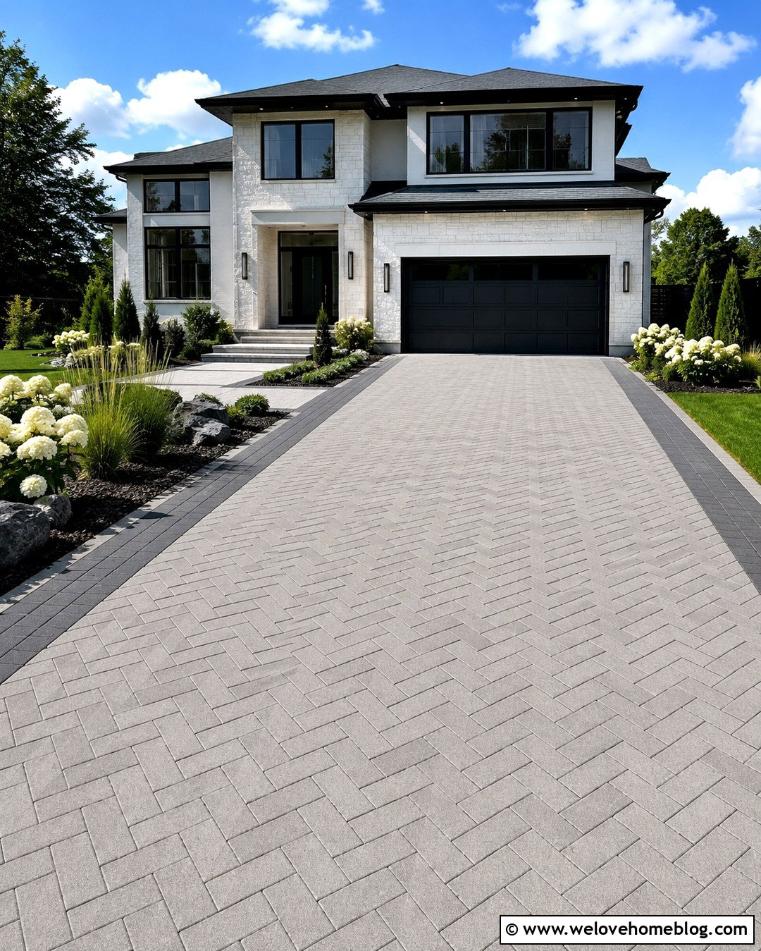 Herringbone Concrete Paver Driveway With Black Borders - 20 modern landscape design front yard driveways concrete pavers ideas
