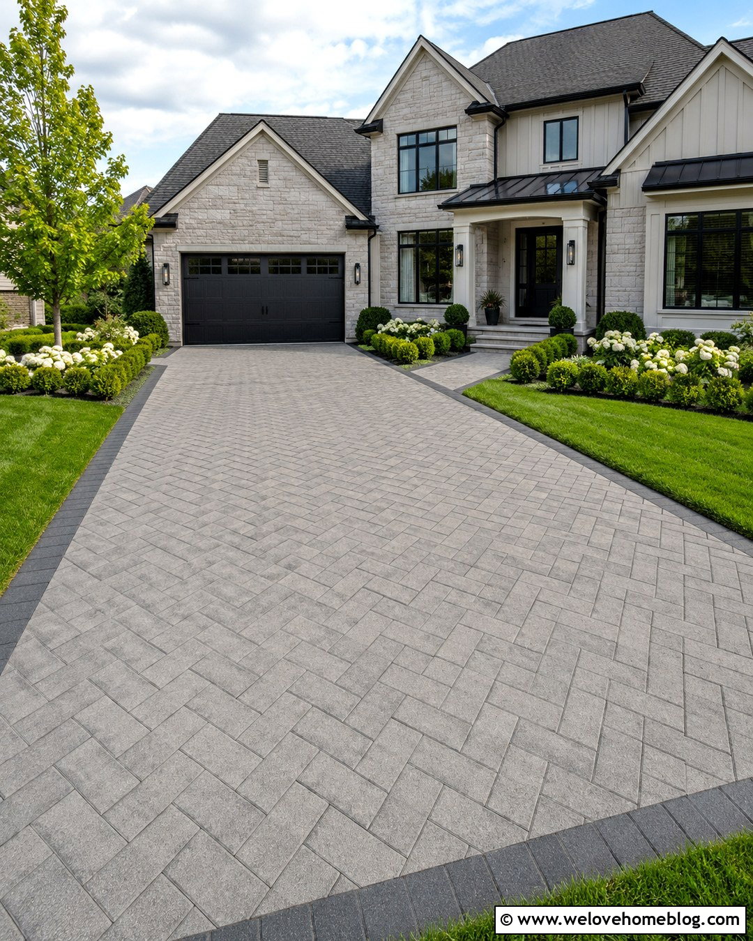 Herringbone Concrete Paver Driveway With Dark Border - 20 Concrete Paver Driveway Ideas