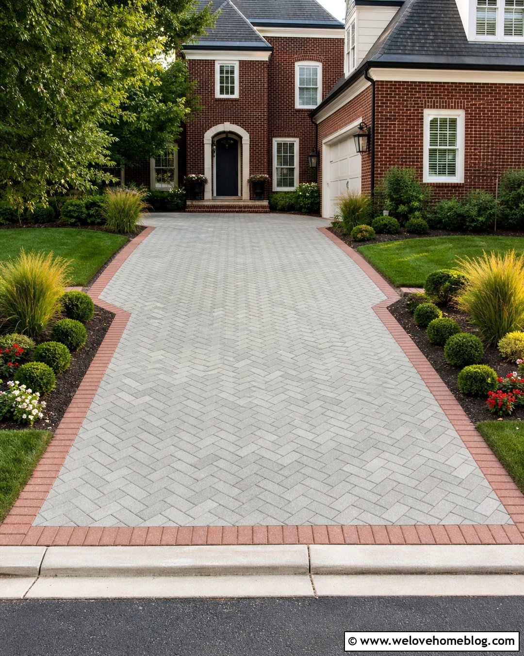 Herringbone Paver Driveway With Brick Border - 20 paver driveways ideas