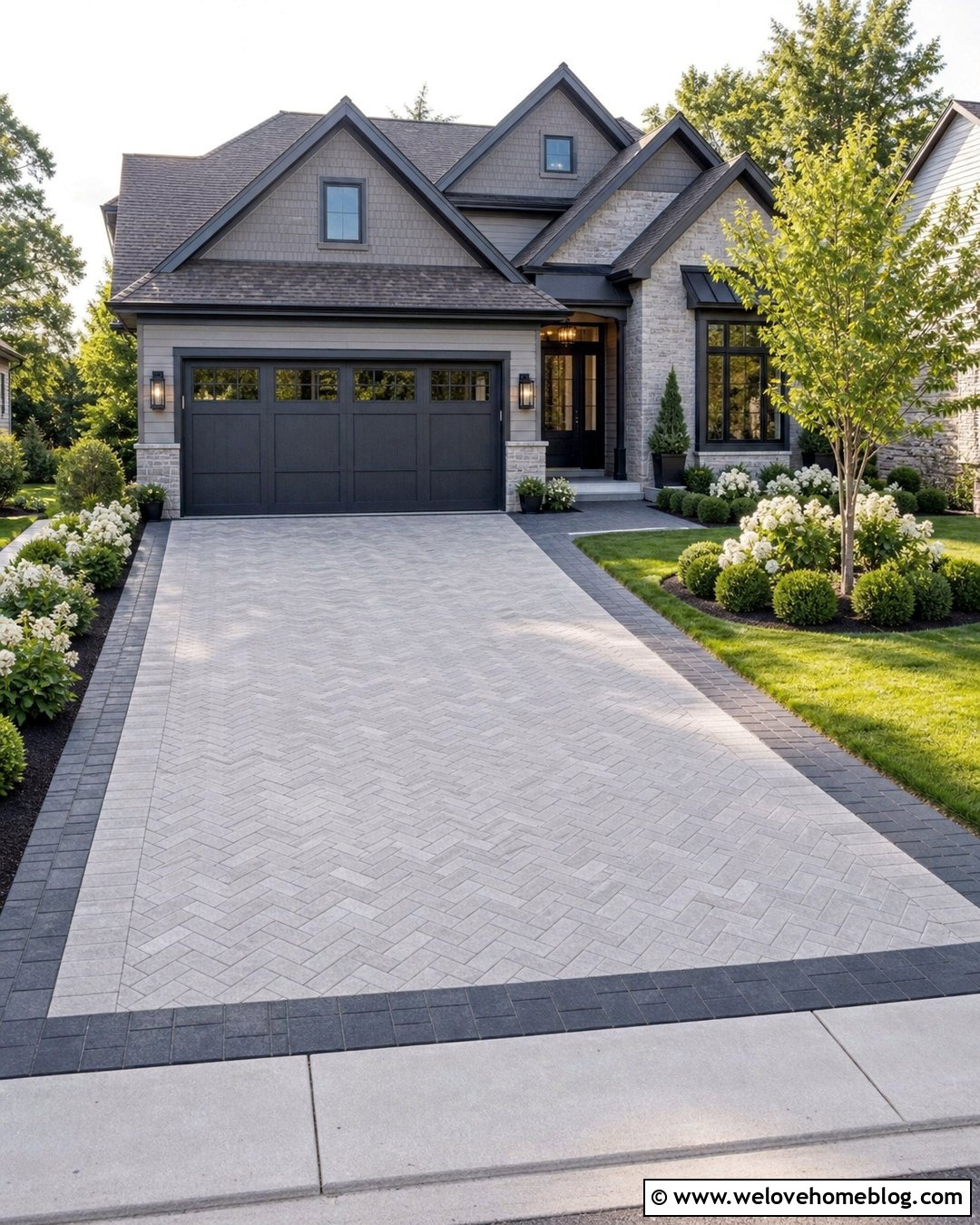 Herringbone Paver Driveway With Dark Border - 25 Driveway Curb Appeal Ideas
