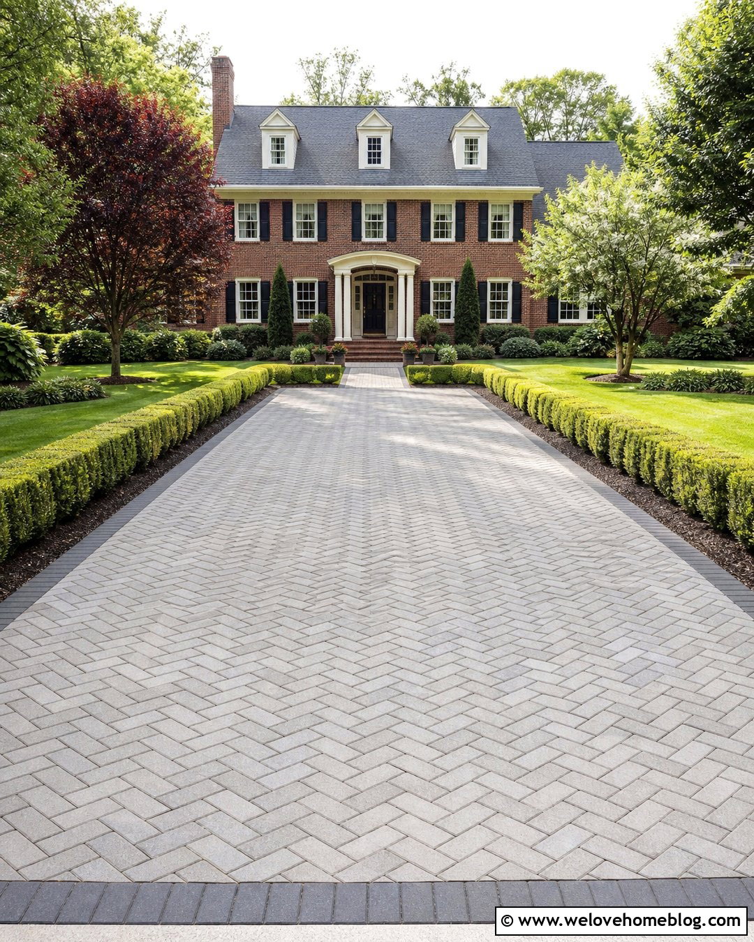Herringbone Paver Driveway With Evergreen Borders - 20 Driveway Makeover Project Ideas