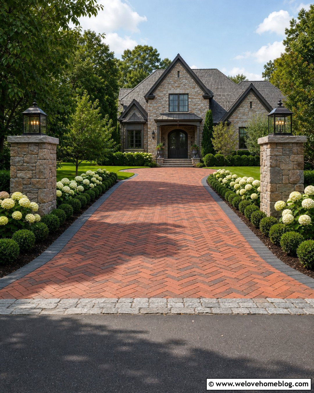 Herringbone Paver Driveway With Stone Pillars - 50 Driveway Ideas
