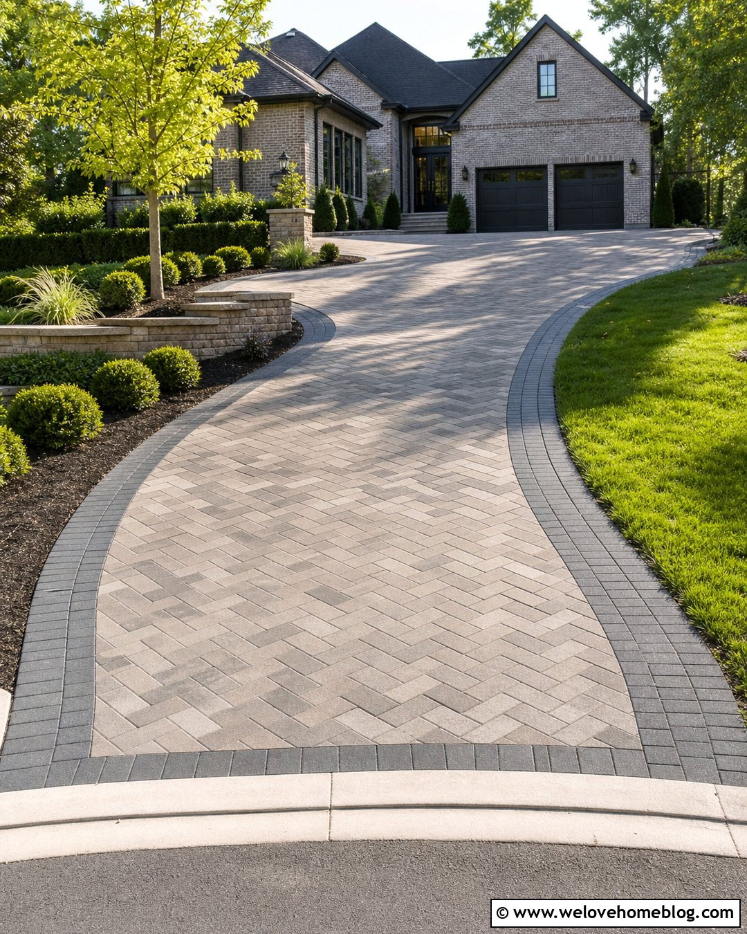 Herringbone Paver Uphill Driveway With Dark Borders - 25 Uphill Driveway Ideas