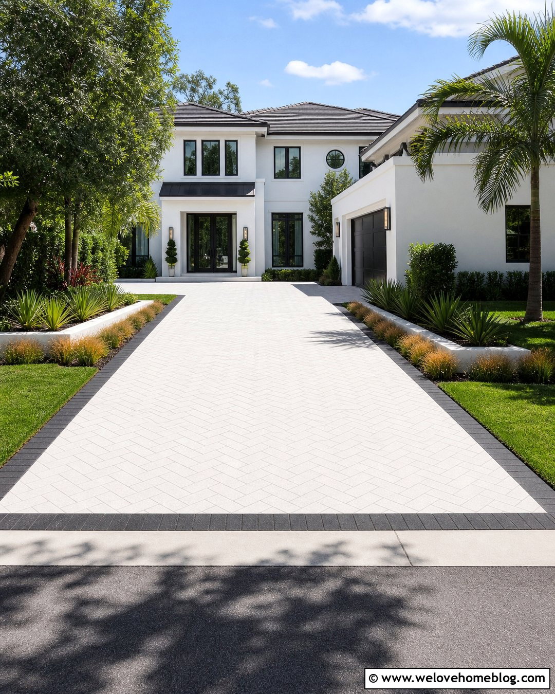 Herringbone White Brick Driveway With Black Border - 20 White Brick Driveway Ideas