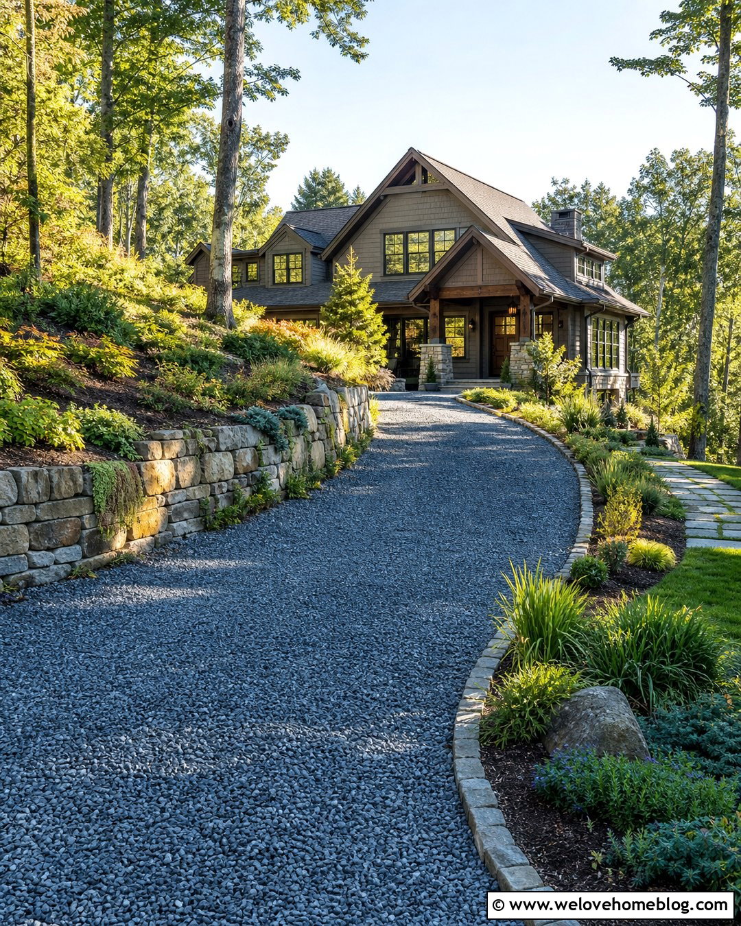Hillside Bluestone Gravel Driveway With Retaining Wall - 20 Bluestone Gravel Driveway Ideas