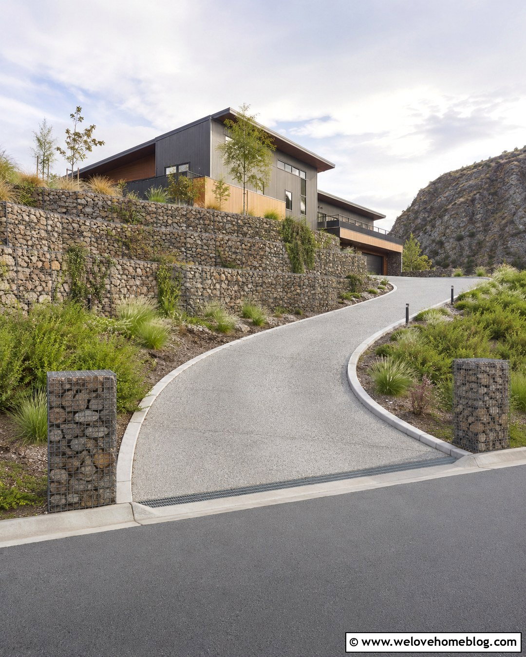 Hillside Driveway With Gabion Walls - 20 Hillside Driveway Ideas