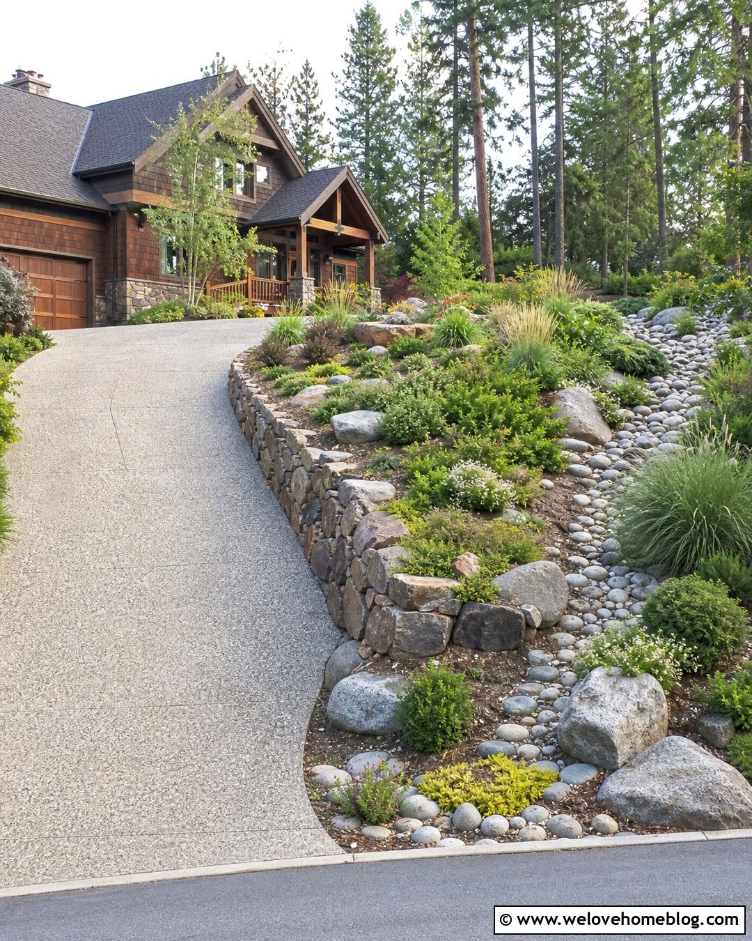 Hillside Driveway With River Rock And Retaining Wall - 20 river rock along driveway ideas