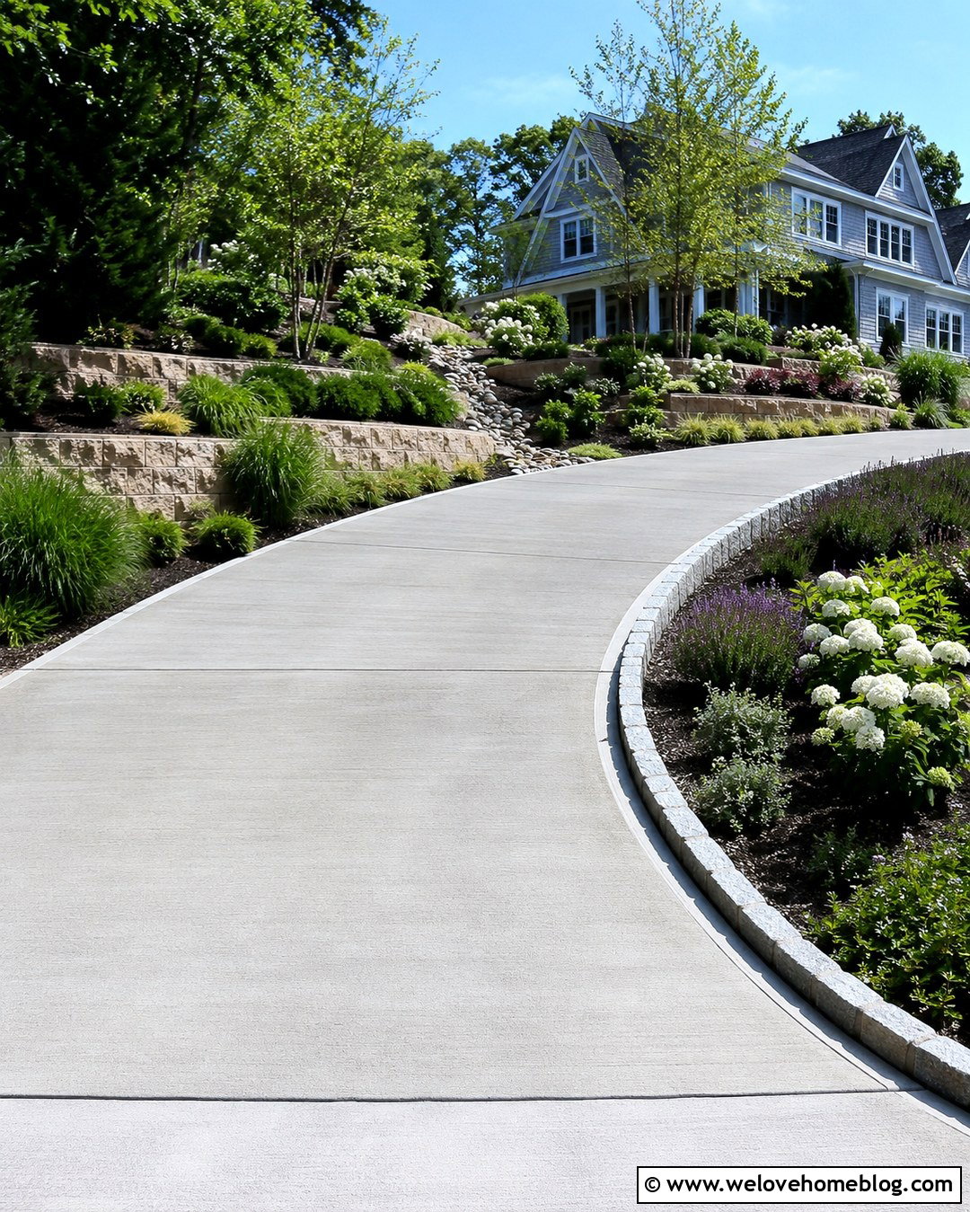 Hillside Driveway With Tiered Retaining Walls