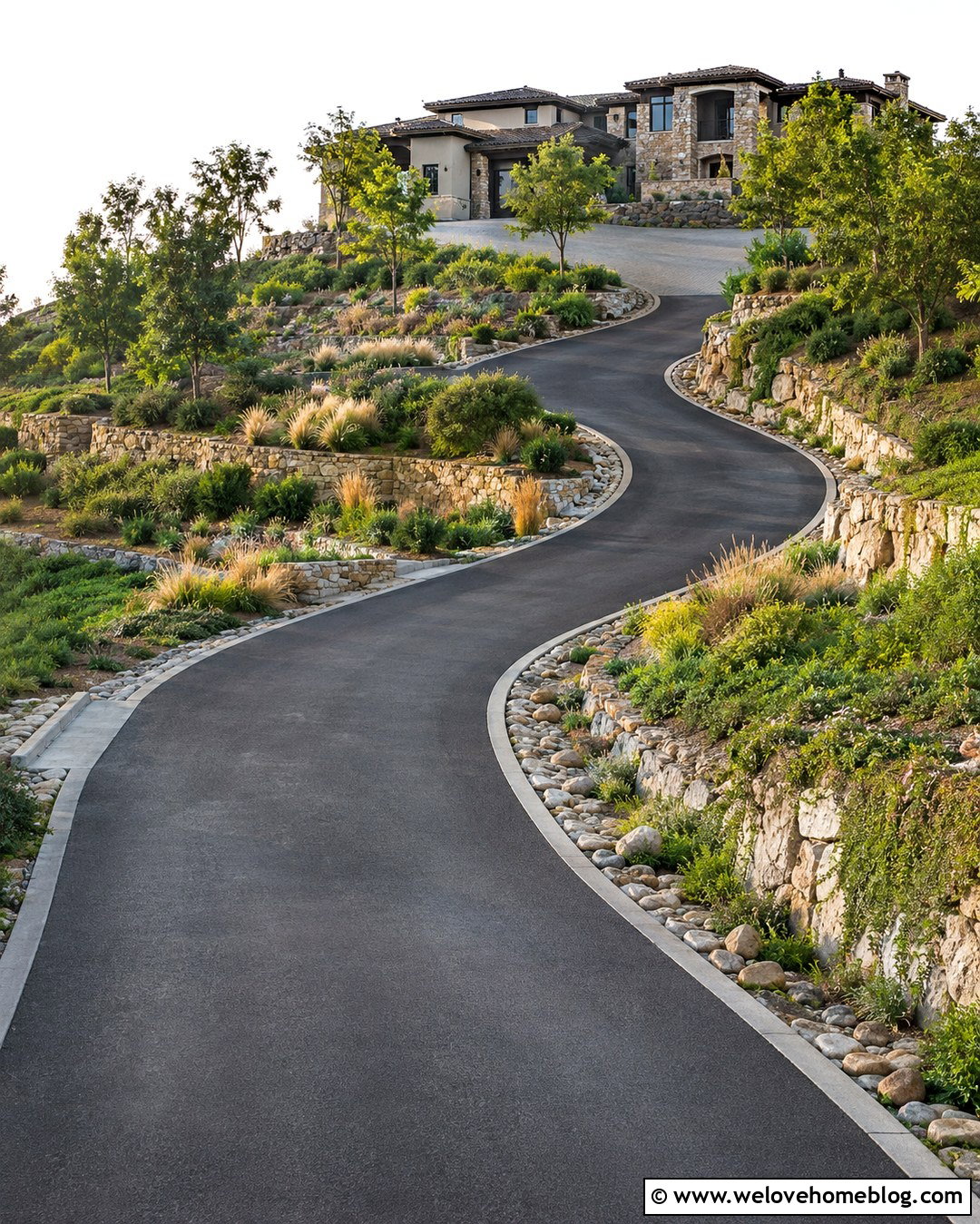 Hillside Long Driveway With Retaining Walls - 20 Long Driveway Mansion Ideas