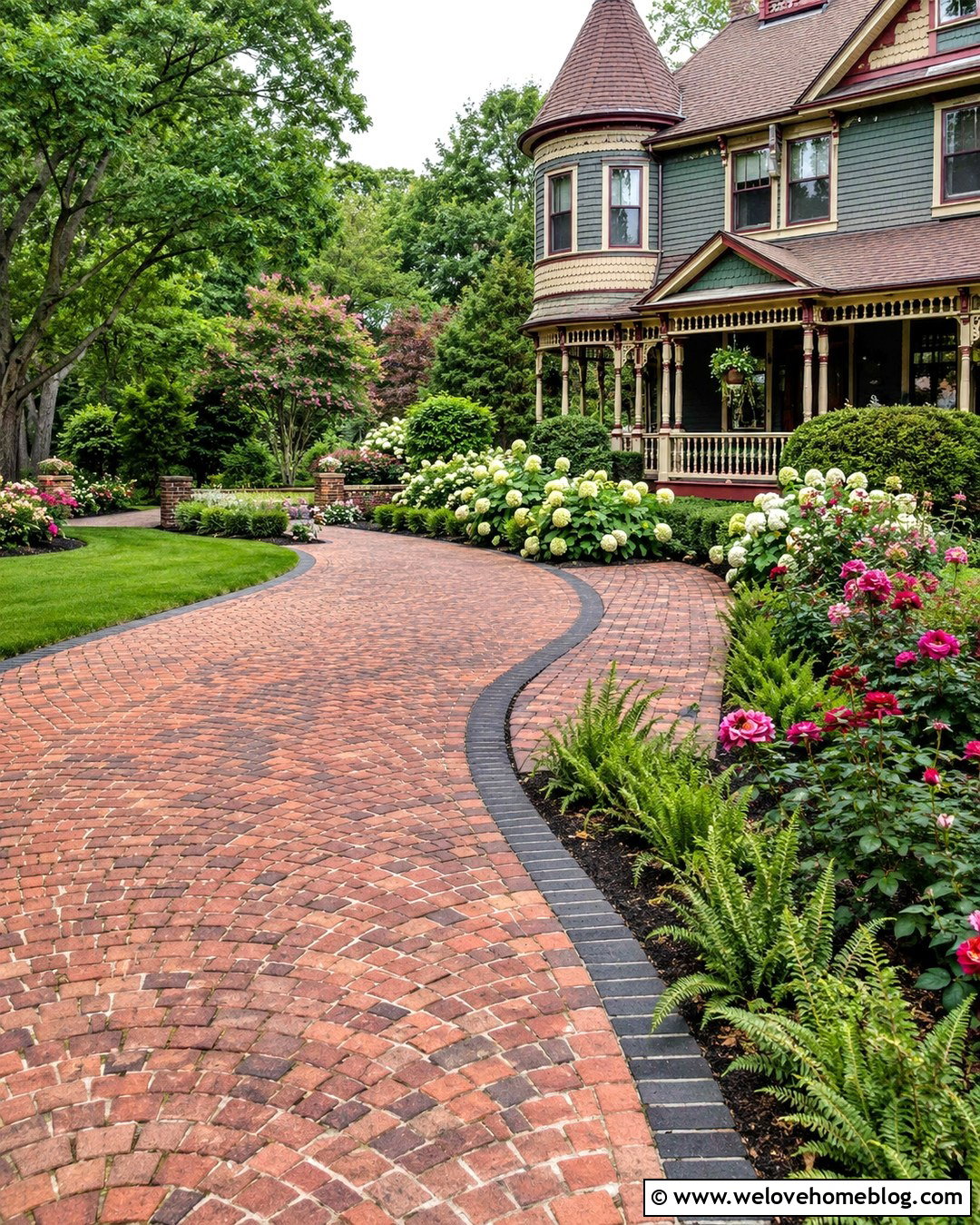 Historic Queen Anne House Fan Pattern Brick Driveway