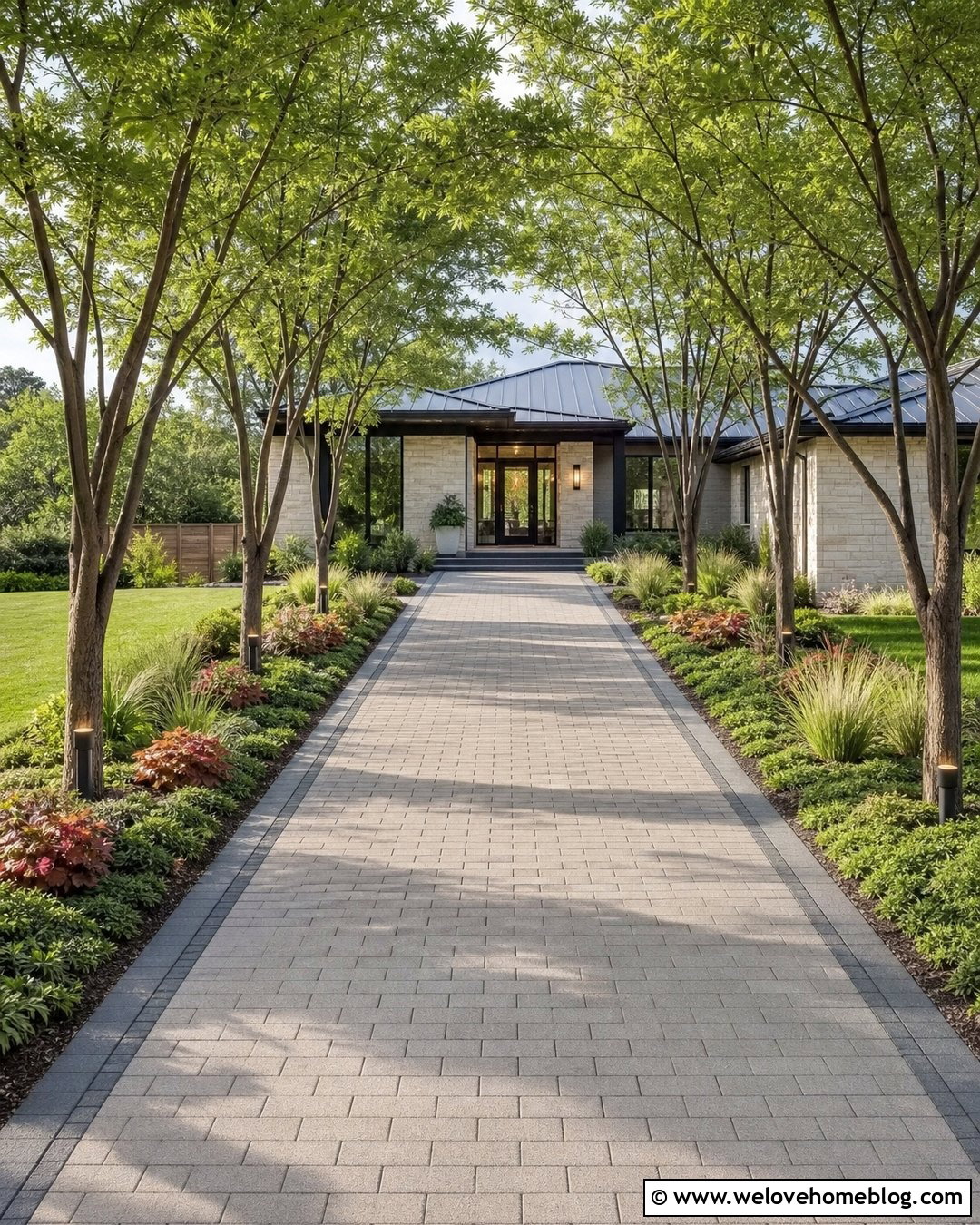 Honey Locust Tree Canopy Paver Driveway - 20 Tree Canopy Driveway Ideas