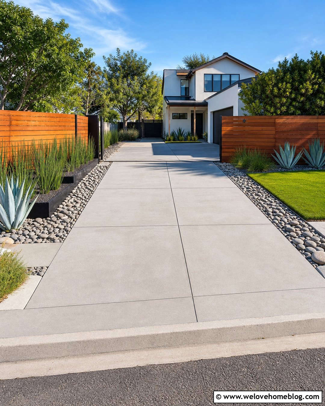 Horizontal Cedar Fence Lined Concrete Driveway - 20 Fence Lined Driveway Ideas
