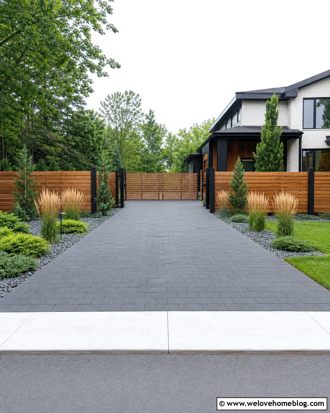 Horizontal Cedar Fence Paver Driveway Entrance - 20 Driveway Entrance Fence Ideas