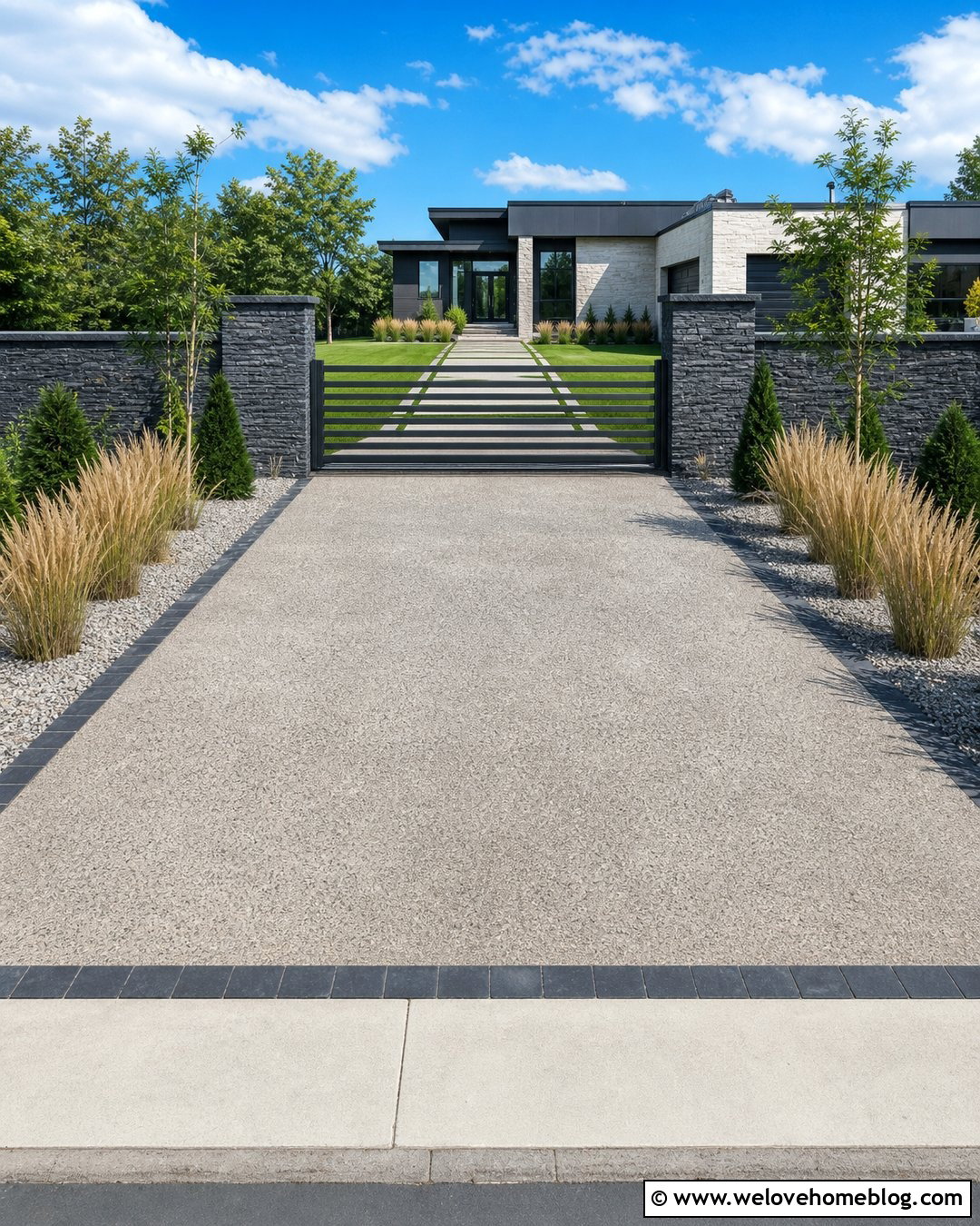Horizontal Metal Gate With Slate Pillars - 20 Entrance Gates Driveway Stone Pillars Ideas