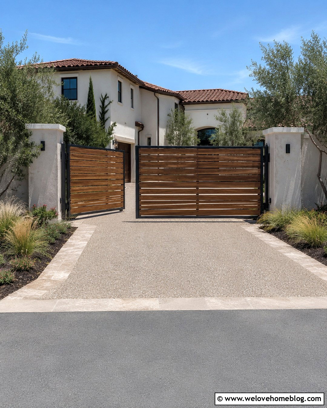 Horizontal Slat Wooden Driveway Gate With Pillars - 20 Wooden Driveway Gate With Automatic Opener Ideas