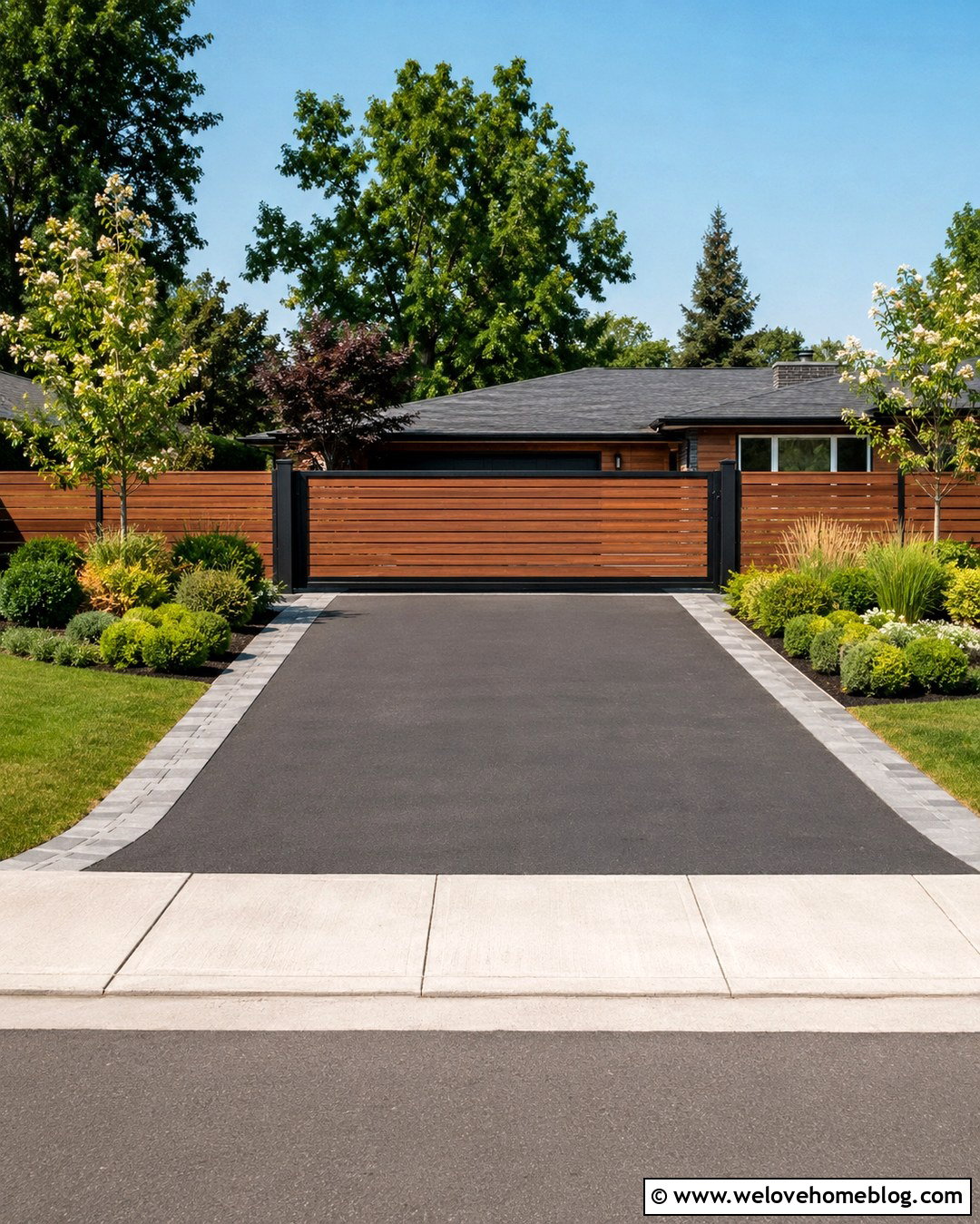 Horizontal Timber Gate With Asphalt Driveway - 20 Timber Gates Driveway Ideas