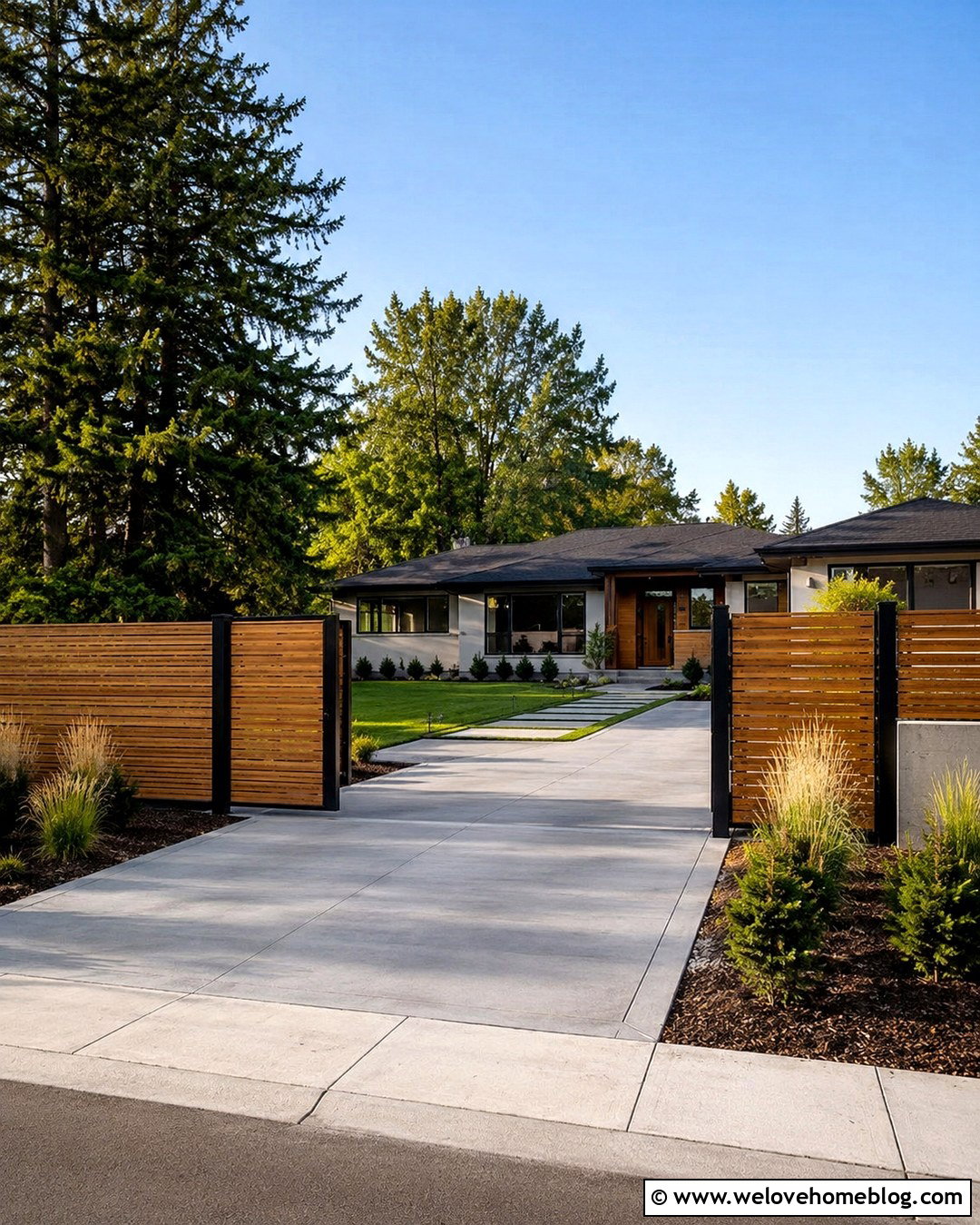 Horizontal Wood Slat Driveway Fencing - 20 Contemporary Driveway Fencing Ideas