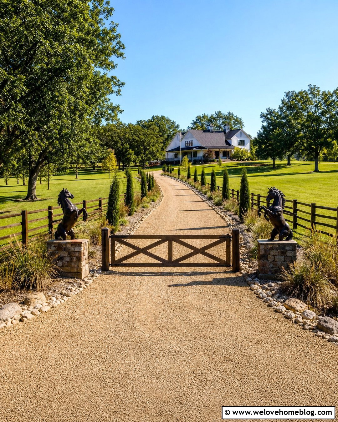 Horse Statues Beside a Long Gravel Driveway - 20 Driveway Statues Ideas