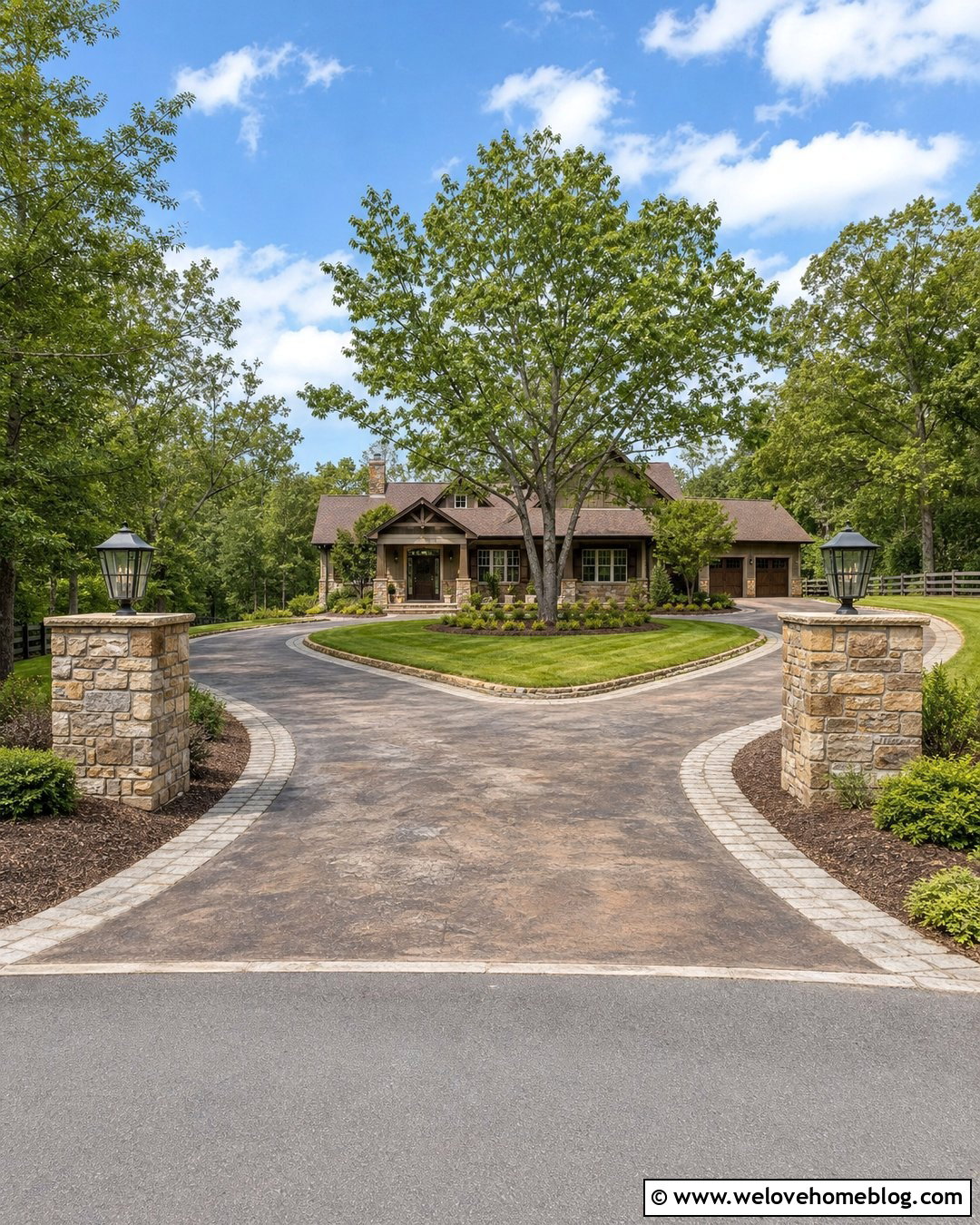 Horseshoe Acid Wash Concrete Driveway With Stone Pillars - 20 acid wash concrete driveway ideas