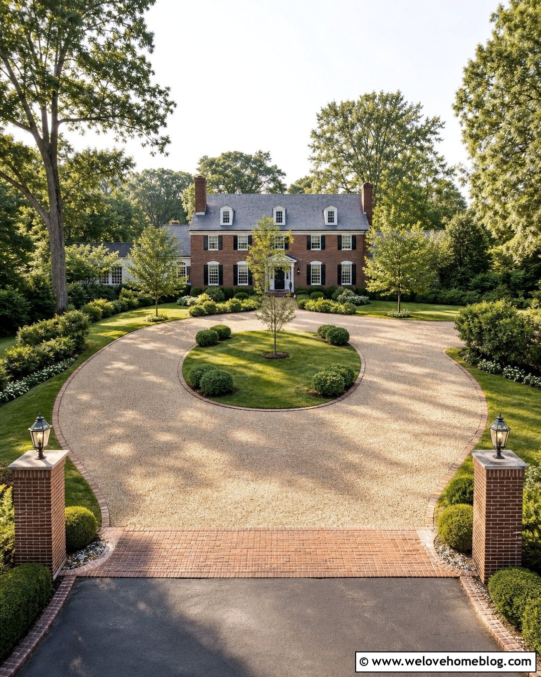 Horseshoe Beige Gravel Driveway With Brick Edging - 20 Beige Gravel Driveway Ideas