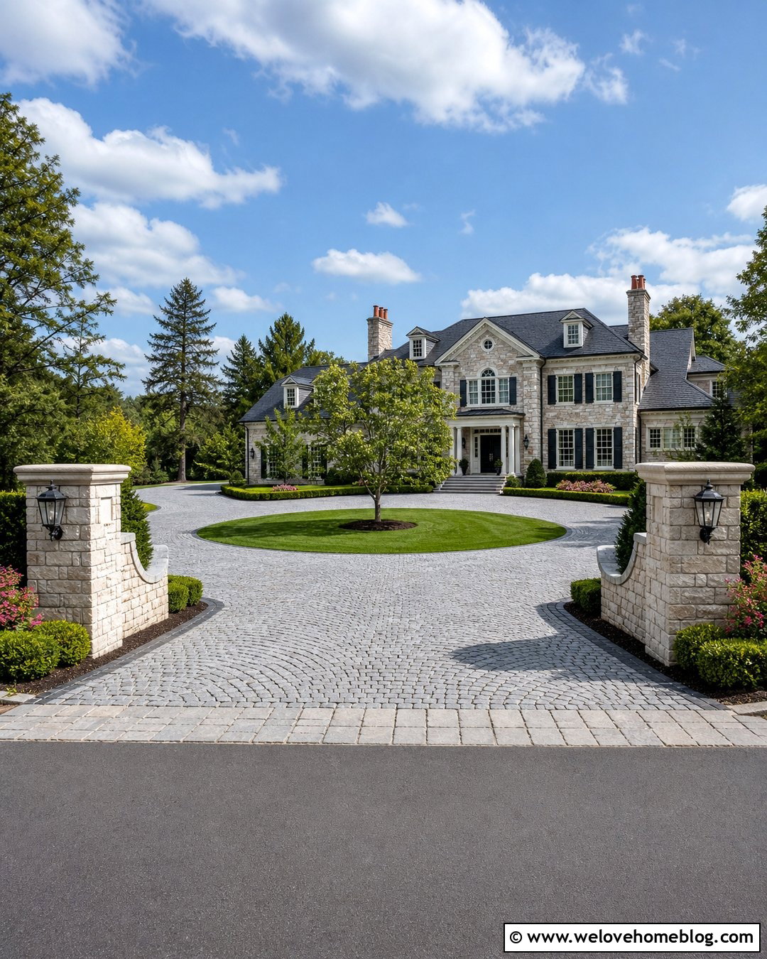 Horseshoe Cobblestone Driveway With Grand Entrance Pillars - 20 luxury cobblestone driveway ideas
