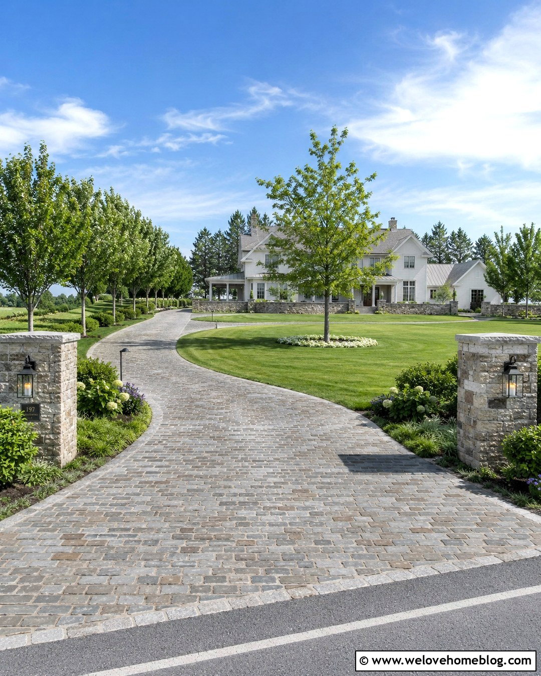 Horseshoe Cobblestone Driveway With Tree Lined Garden - 20 Cobblestone Driveway In Garden Ideas
