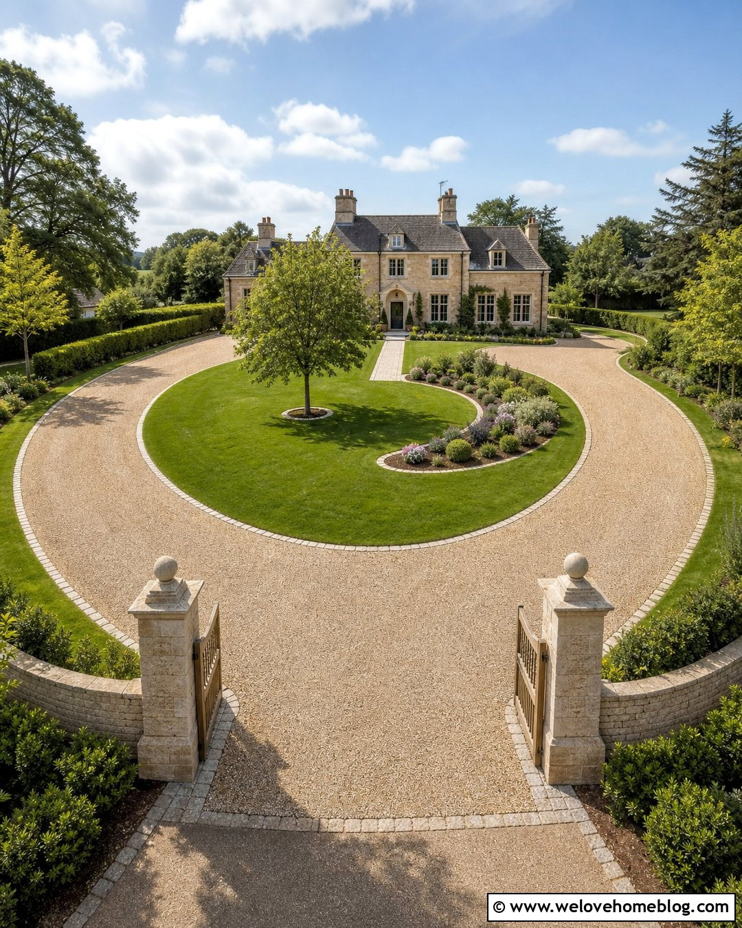 Horseshoe Cotswold Gravel Driveway With Grass Island - 20 Cotswold Gravel Driveway Ideas